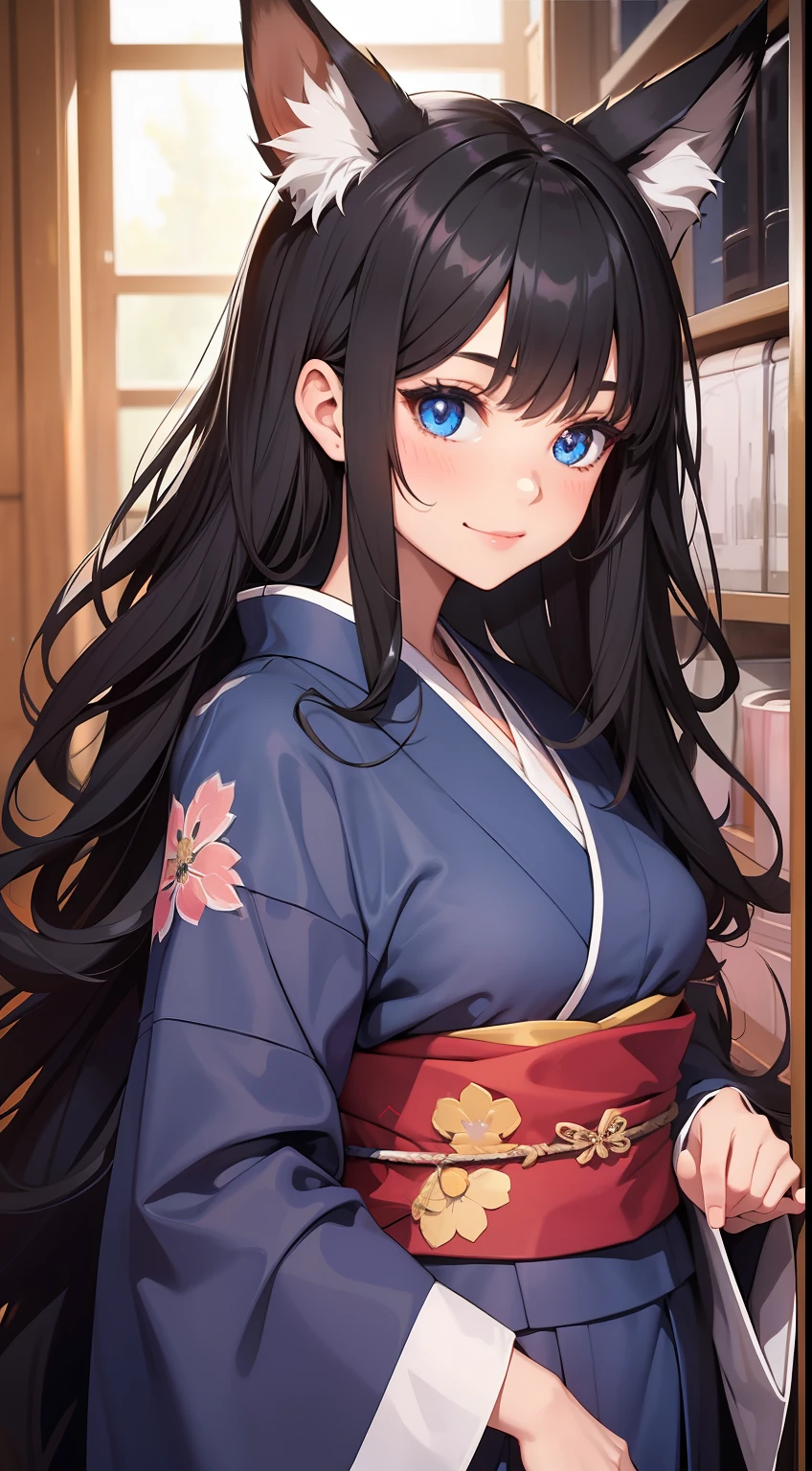 young girl, long curly black hair, Fox ears, Foxtail, blue eyes, open kimono, ssmile, Masterpiece, hiquality