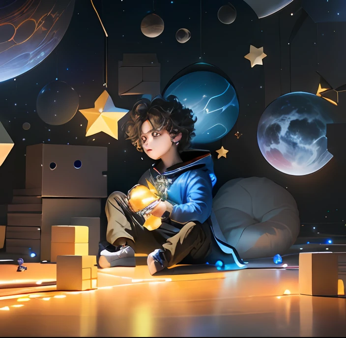 Boy sitting on floor playing with toys and blocks, commercial photo of toys, dreaming of outer space, tv commercial, space dream, lightsome space, magical dream-like atmosphere, fantasy lut, vfx, Cai Xukun, dressed in stars and planets, music video, With stars, children's toy advertisement, in a space starry, In outer space