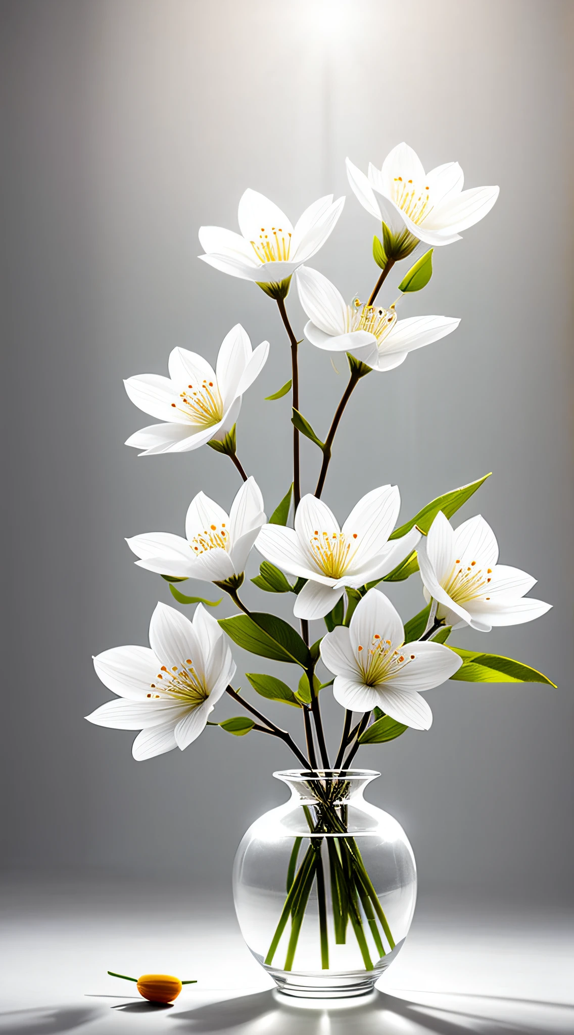A bouquet of white plum blossoms, ultra-transparent, holy light, beautiful spectral light, dew on petals, twinkle, morning background, transparent droplets, reflected light, bright, light flowing inward, optical, portrait silhouette, sharp focus, magical, intricate, surrealism, fantasy, composition, light, art station trend, pearl, silver patronus cloud pair, caustic surround ray family 16k, ureal ar 23v4 uplight