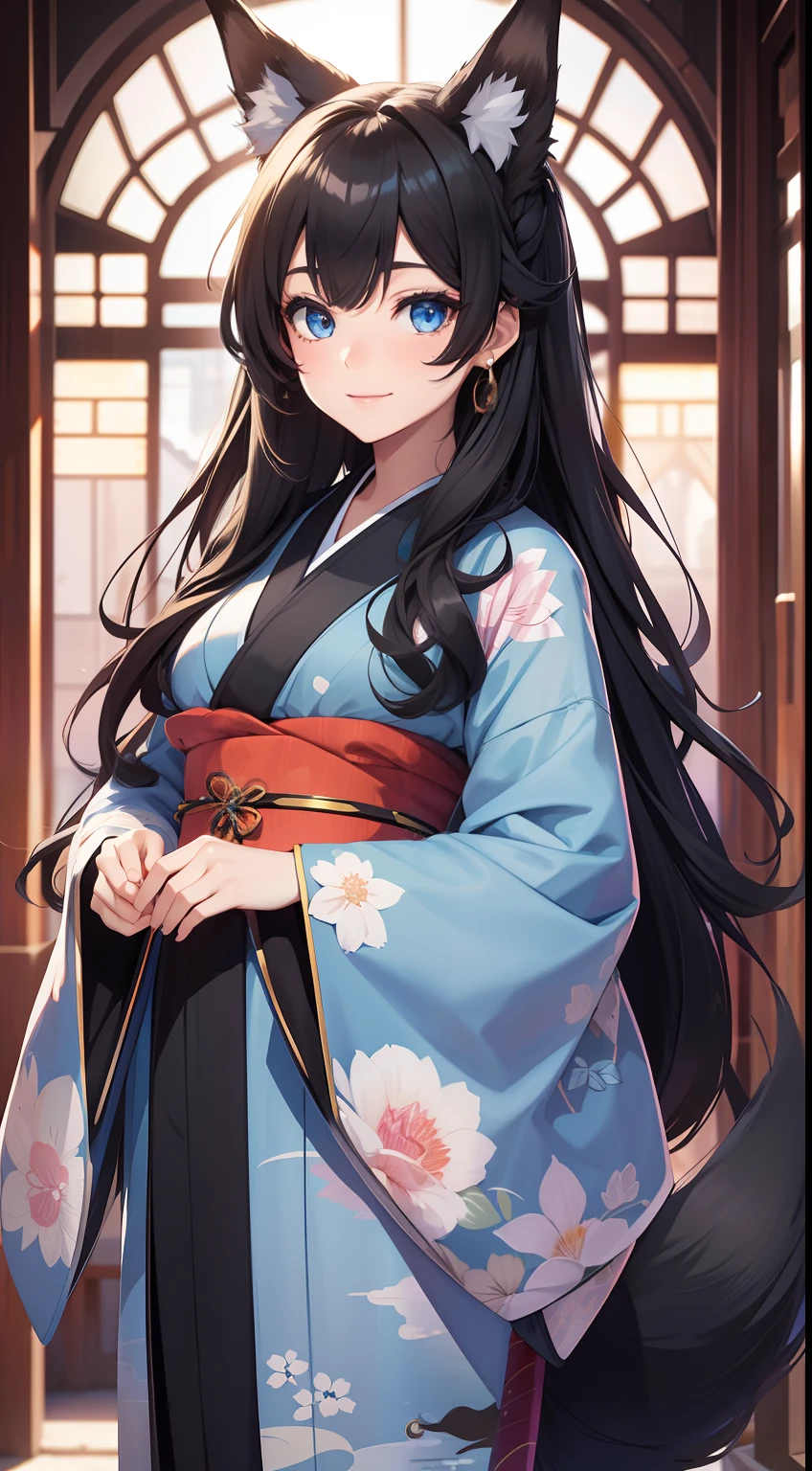 young girl, long curly black hair, Fox ears, Foxtail, blue eyes, open kimono, ssmile, Masterpiece, hiquality