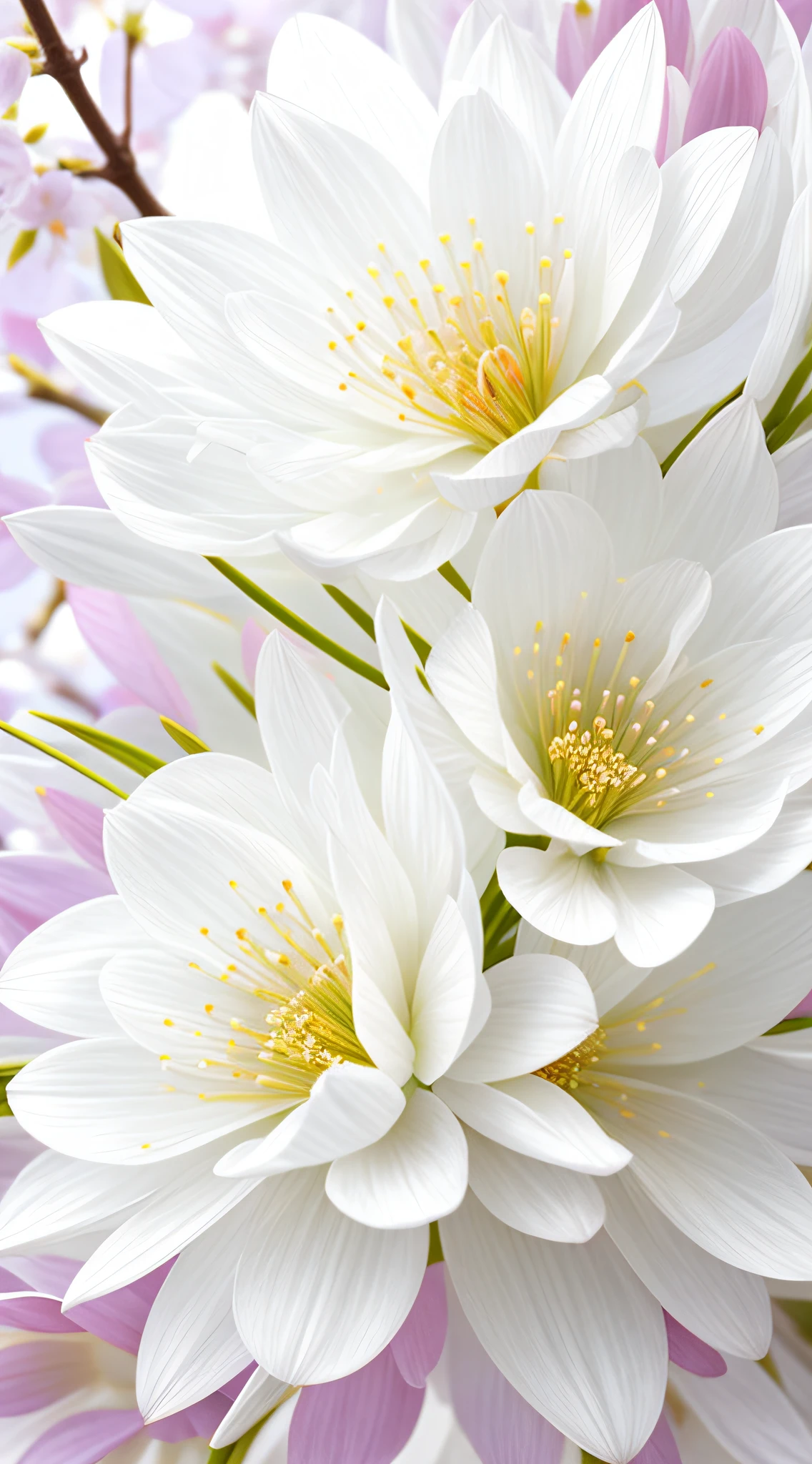 A bouquet of white plum blossoms, ultra-transparent, holy light, beautiful spectral light, dew on petals, twinkle, morning background, transparent droplets, reflected light, bright, light flowing inward, optical, portrait silhouette, sharp focus, magical, intricate, surrealism, fantasy, composition, light, art station trend, pearl, silver patronus cloud pair, caustic surround ray family 16k, ureal ar 23v4 uplight