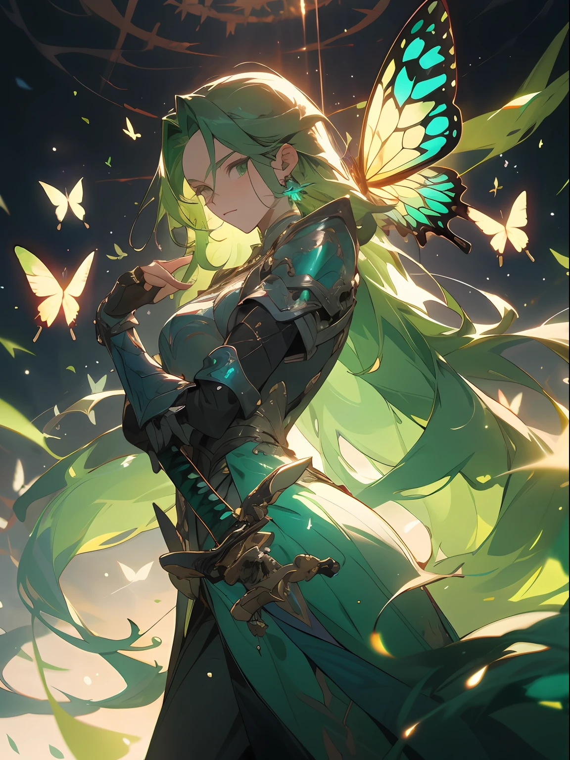 Oist,(tmasterpiece:1.2),best qualtiy, A beautiful woman,Long flowing green hair,glittery, A long sword in his hand,,It emits a cold light, Surrounded by butterflies and leaf particles. The woman wears black and green intersecting armor, butterflys,The majestic gesture and the surroundings are butterflies. Green surged around them, creating an opulent atmosphere. The image is in high definition,Capture the highlights of this epic battle.