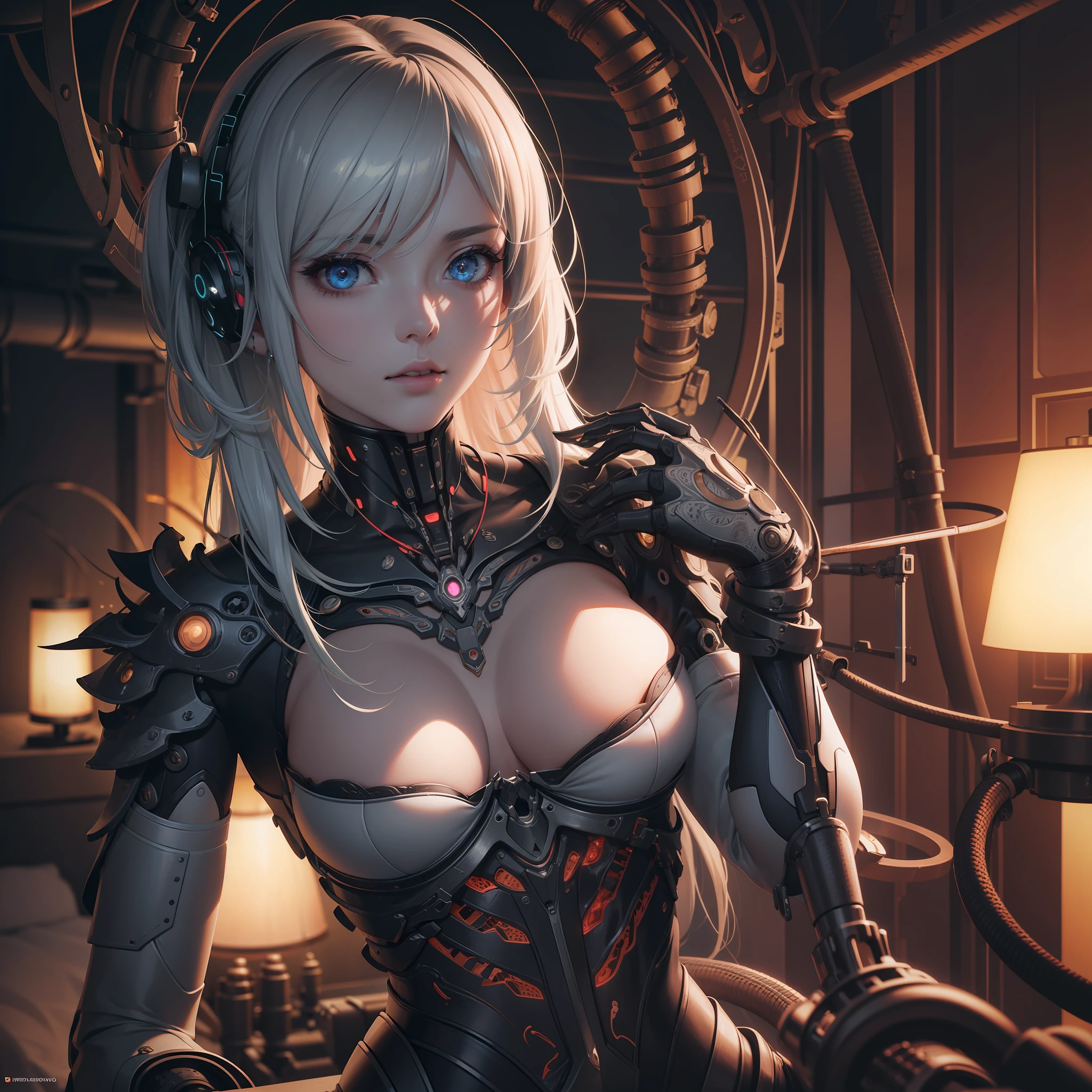 1mechanical girl,((ultra realistic details)), portrait, global illumination, shadows, octane render, 8k, ultra sharp,metal,intricate, ornaments detailed, cold colors, egypician detail, highly intricate details, realistic light, trending on cgsociety, glowing eyes, facing camera, neon details, machanical limbs,blood vessels connected to tubes,mechanical vertebra attaching to back,mechanical cervial attaching to neck,sitting,wires and cables connecting to head