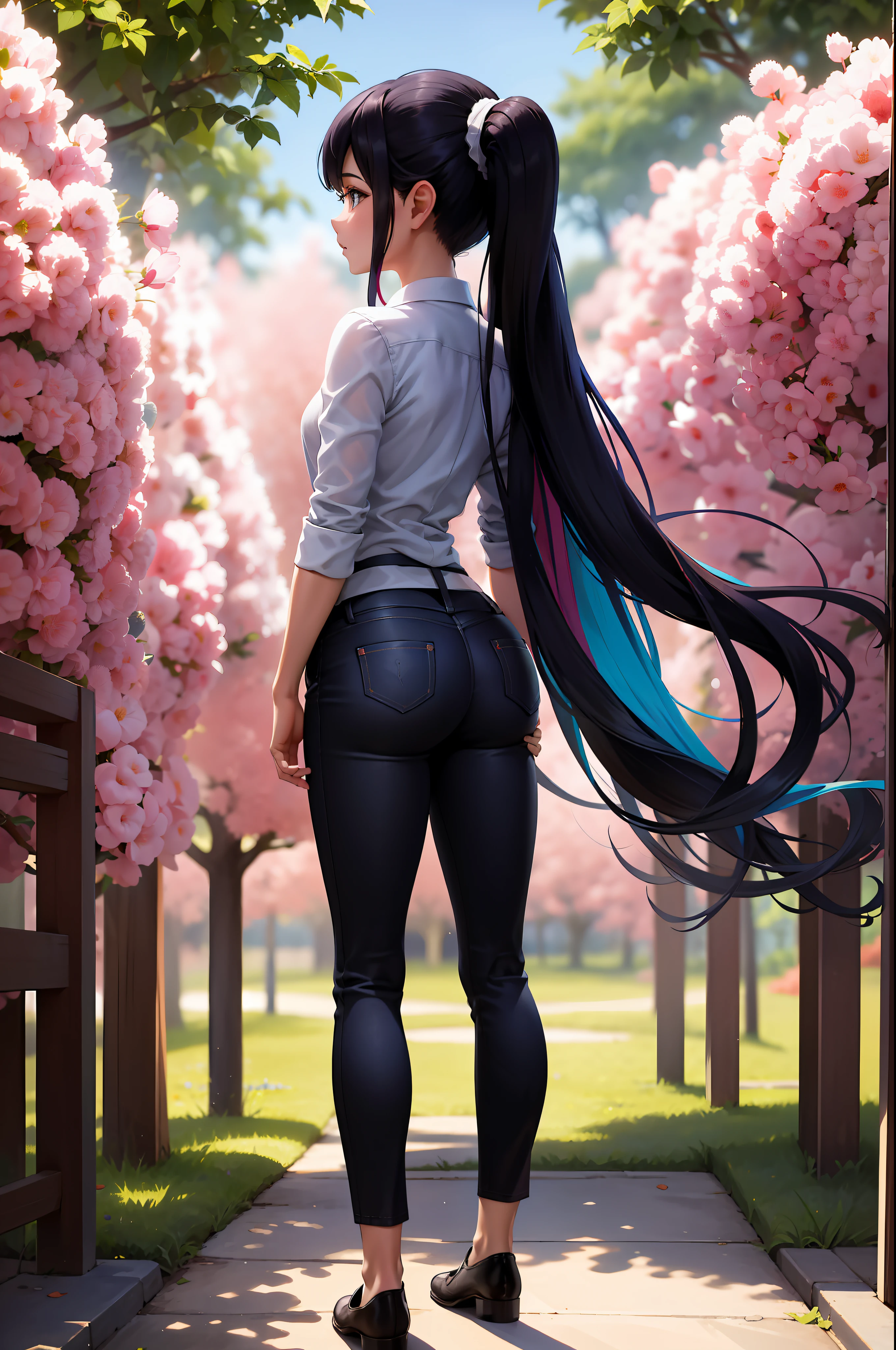 (Obra maestra, La mejor calidad:1.2), solamente, 1girl, Makima, Camisa con cuello, Corbata negra, pantalones negros, grande, caderas anchas, Vista posterior, ASS, hombros descubiertos, ponytail, multicolored hair, very long hair, fondo flor de cerezo, arbol flor de cerezo