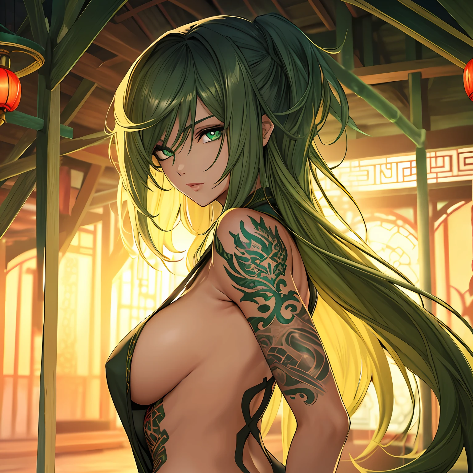 jovem mulher, cabelo verde, orelhas de elgo, dragon green eyes, corpo tatuado, tatuagens chinesas, pouca roupa