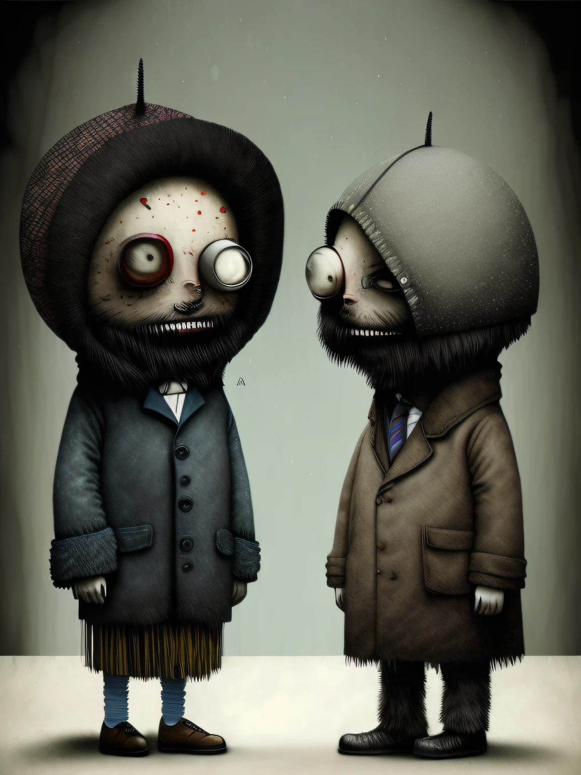 escena de la ultima cena con personajes de dibujos animados vestidos con abrigos y sombreros se paran juntos, Anton Semenov, Personajes de Maquinarium, Pupilas dot, Tres ojos, Seis de Little Nightmares, 3 cabezales, Tres cabezas, sonrisas espeluznantes, Tres ojos, Somber, por Yi Inmun, por Tadeusz Brzozowski, pocos globos oculares, horripilante!!, Arte conceptual post grunge