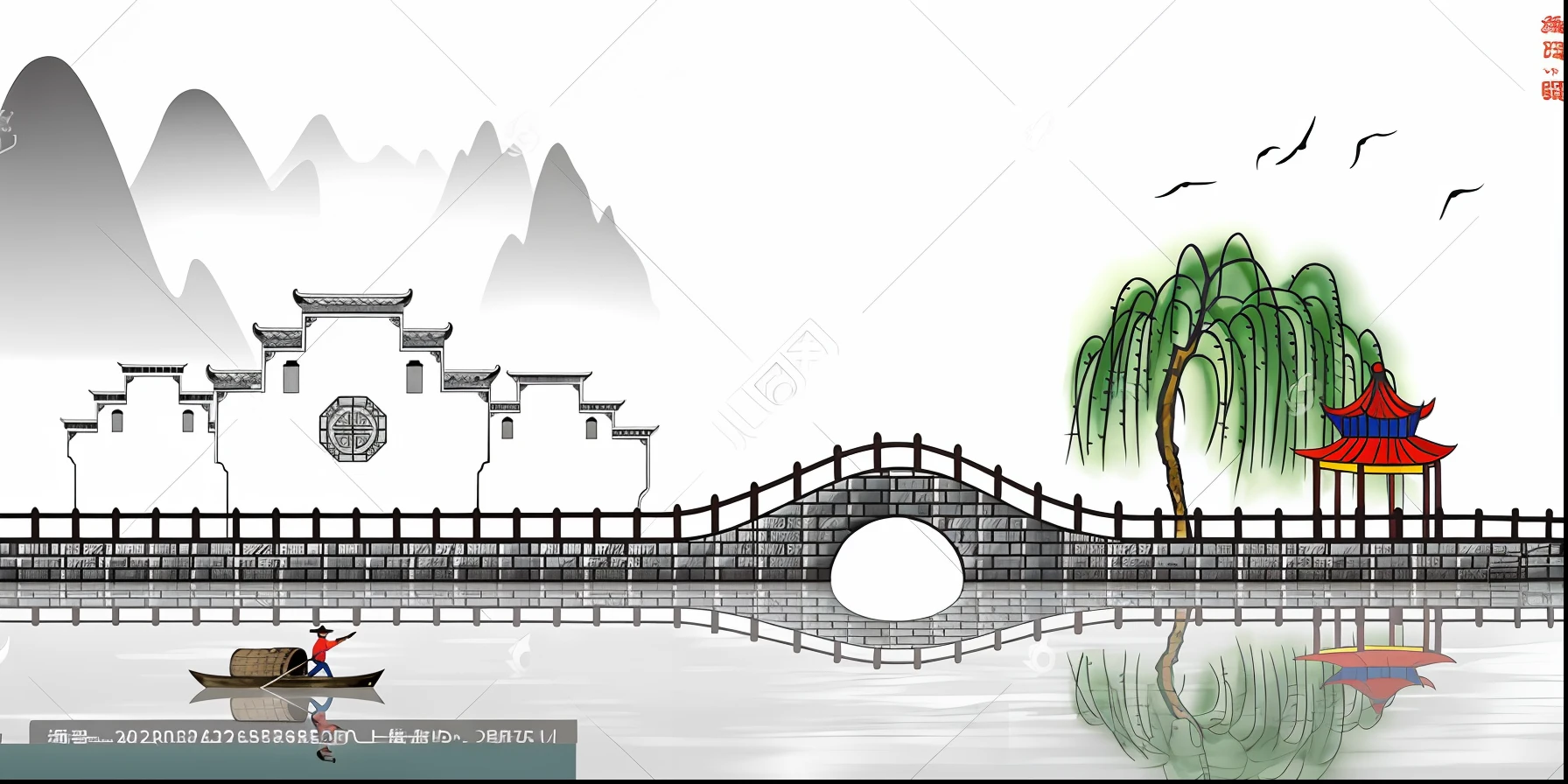 Caricature of a man on a boat with a bridge over the river, Chinese watercolor style, Chinese landscape, ancient city landscape, Chinese painting style, Chinese style painting, Chinese style, landscape artwork, A beautiful artwork illustration, Chinese painting, Traditional Chinese painting, Detailed scenery —width 672, Chinese ink painting, Chinese village, Landscape illustration, water landscape, Chinese traditional