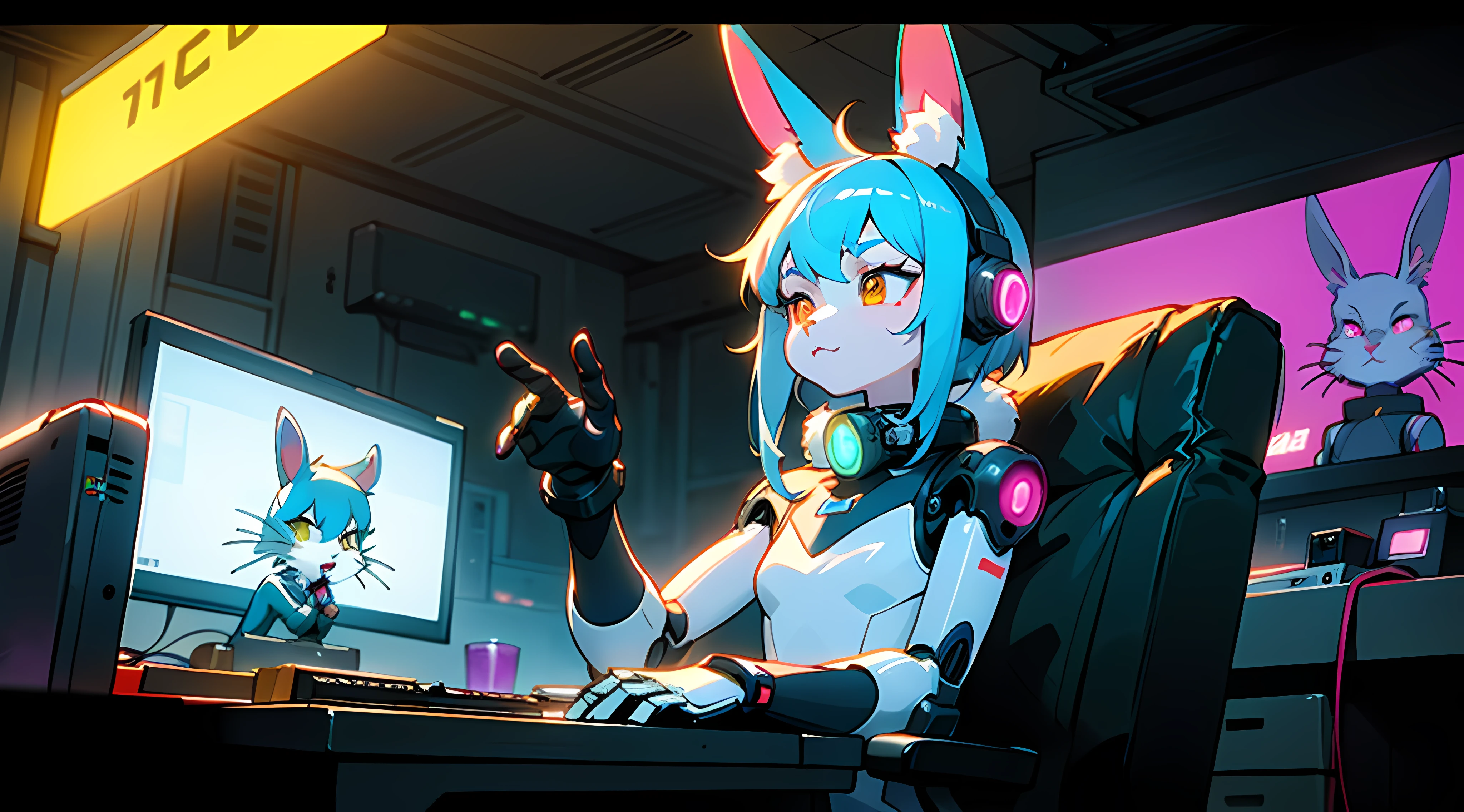 closeup on 80s vhs screencap of a cel animation still from a 1980s dystopian bna kemono anime about a cyberpunk anthro kemono furry blue rabbit girl who patrols the streets looking for criminal robots, cyberpunk art by Josan Gonzalez, behance contest winner, afrofuturism, synthwave, neon, glowing neon, (blame! style abandoned tech landscape), (Zen, Amy Sol style), (((beats to relax/study to))), (((Lofi anthro kemono blue-furred rabbit girl in power armor sitting in metal chair behind computer terminal, behind giant glass terminal screen, beats to relax/study to))), (((blue kemono beastars furry rabbit anime hacker with small soft furry paws))), (((suspended glass cyberpunk computer terminals with robot rabbit in background))), ((glowing cyberdeck screens)), (underground, dark, foggy, perilous, abandoned dystopian apartment bedroom, deep windows), (abstract anthro rabbit figure wearing bunny ears), cover art with light abstraction, abstract, simple vector art, contemporary Cybernetic art, color gradients, soft color palettes, layered forms, whimsical animation, style Ethereal abstract, 4K, --v6