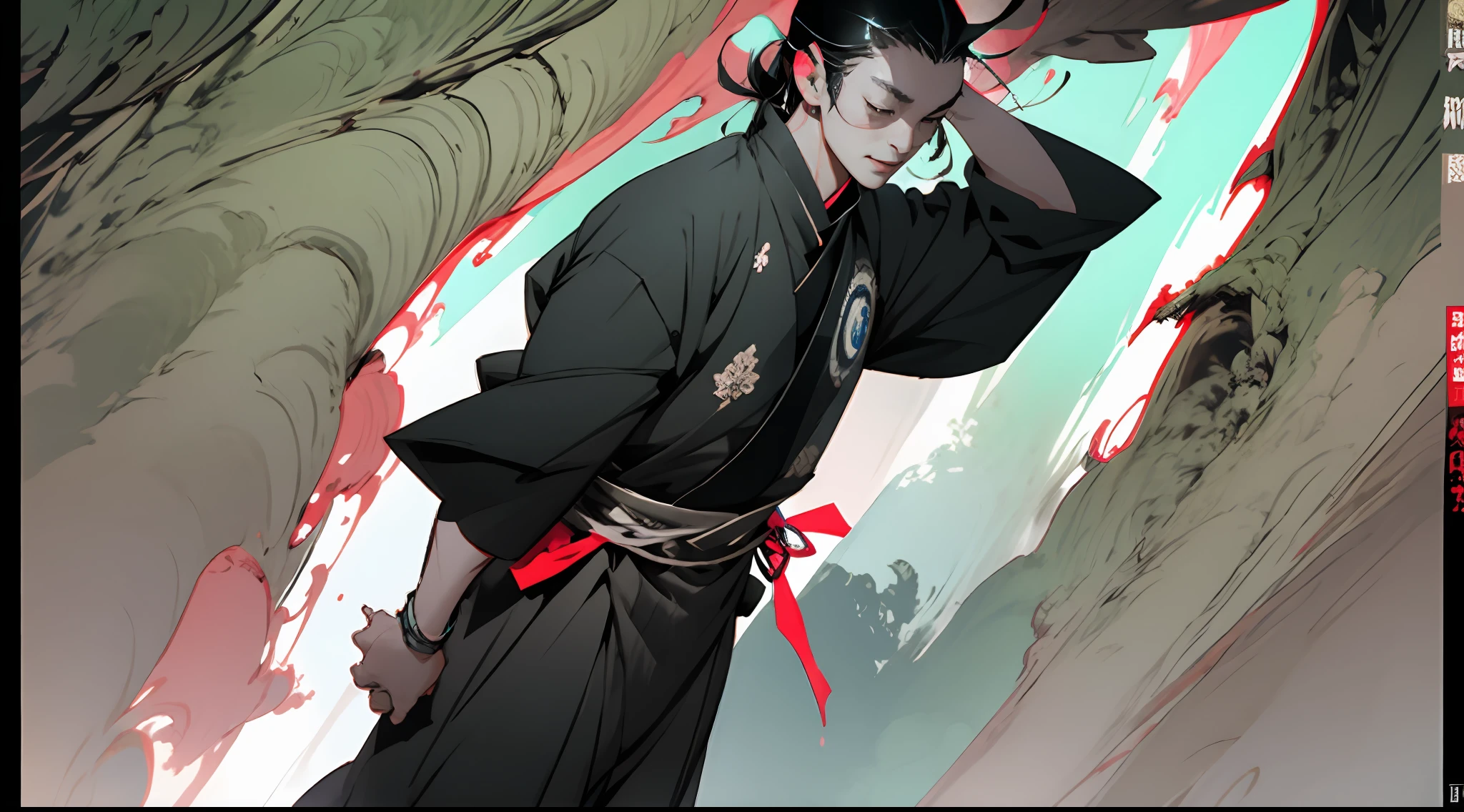 Satoru gojo, Camisa Preta, Standing on a forest path, Holding out your hands while meditating, with a happy expression, the background is the trees and the sky, But there are wormholes in the ground, cercados por chamas azuis, raios dourados e vermelhos, Movimento de alta velocidade, Panoramic Emergency, Express dynamics, Multi-angle light and shadow effects, generate detailed 16K level images.