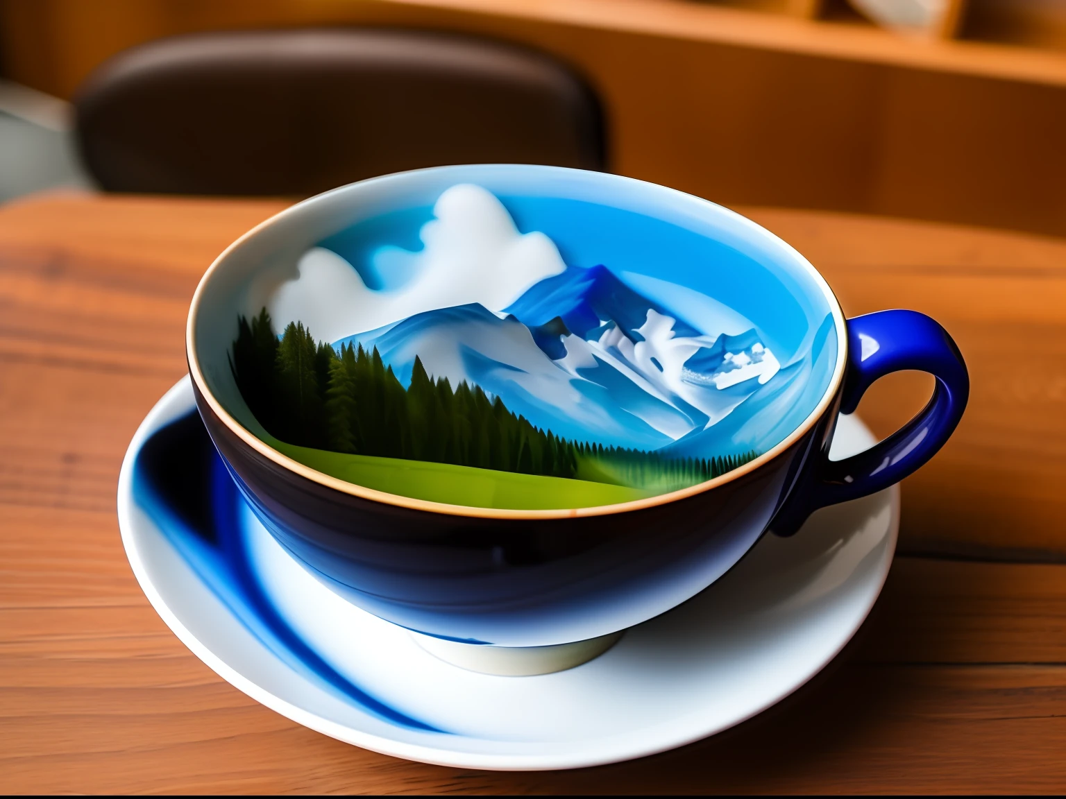 a cup filled with mountains fuming, masterpiece, Somewhere