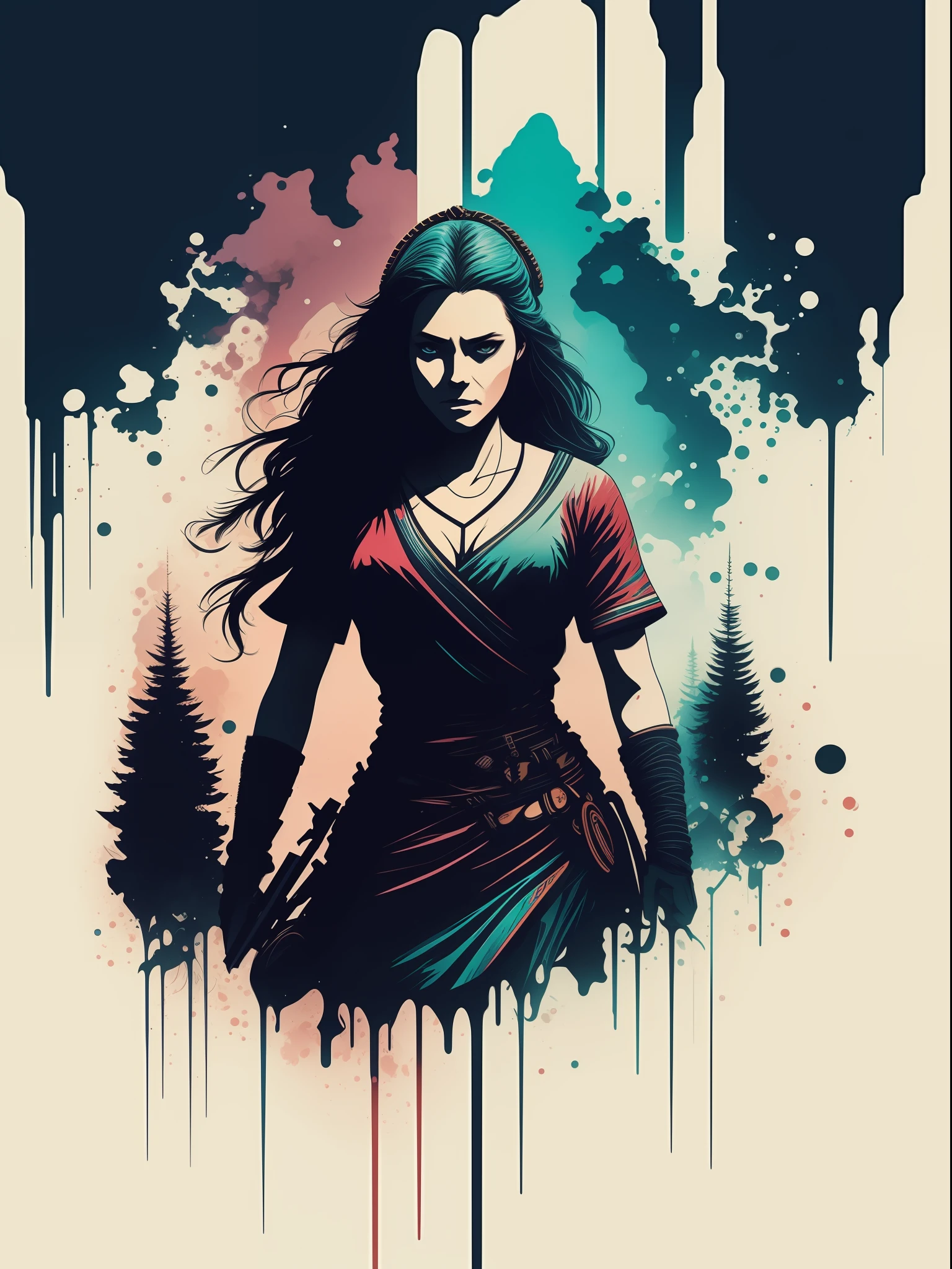 viking woman, 2D t-shirt art, Cyberpunk, epic illustration, vector, 2d illustration, black background, very colorful, full gradient modern colors, Focused, front view