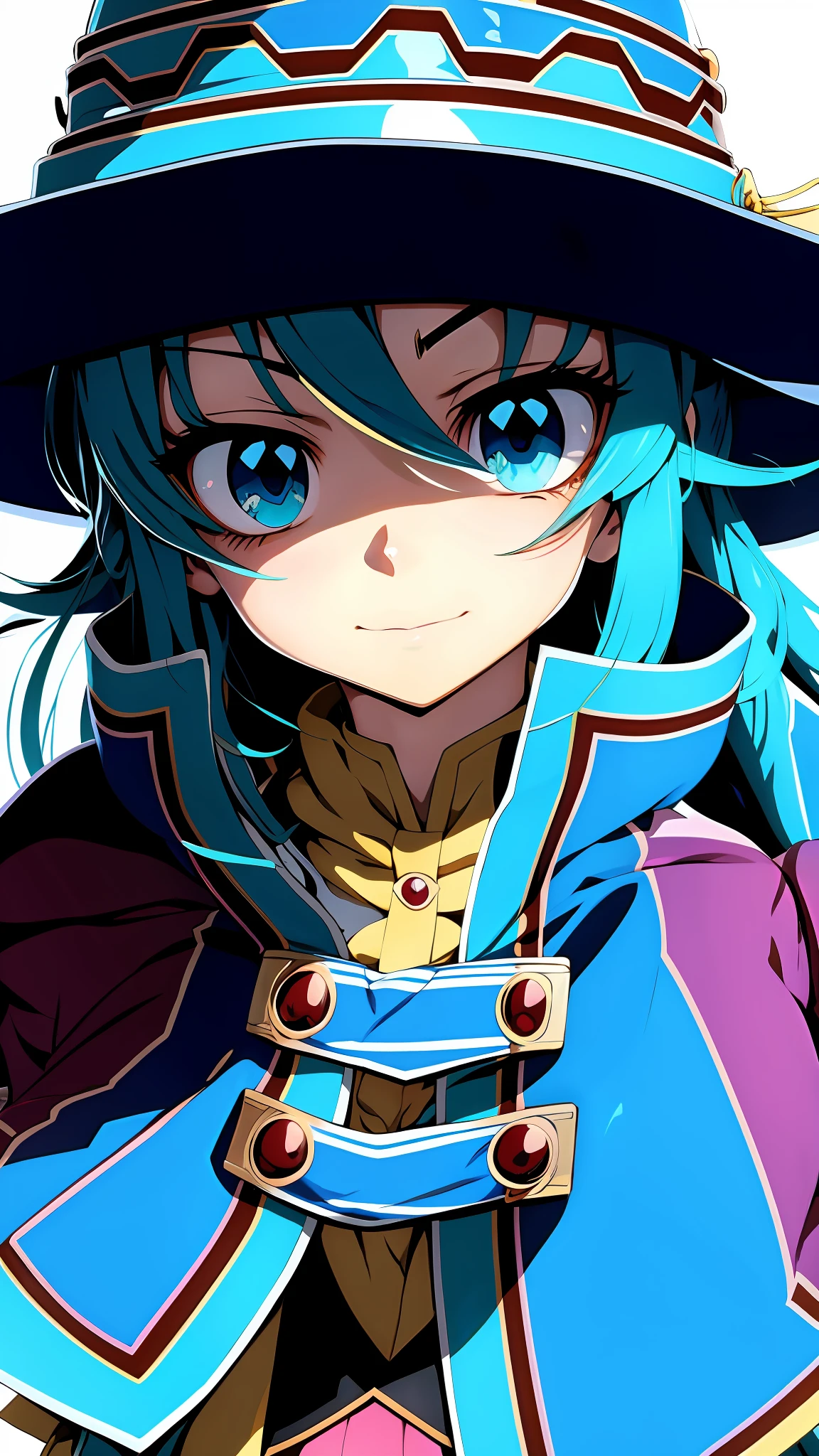 Anime girl with a hat and a coat in, menina alquimista, anime moe artstyle, arte detalhada do personagem de anime, Aqua, Konosuba, estilo anime konosuba, personagem de anime, personagem de anime feminino, 2 d estilo anime, cunning expression, sorriso roguish, de touhou, Preto - Mago Cabelo, Um retrato anime de Cirno