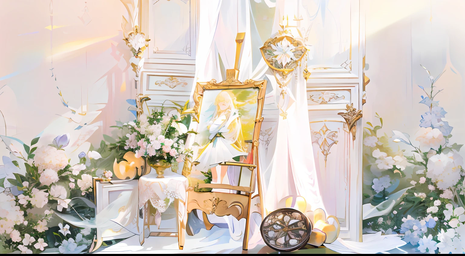 In front of the wall there is an easel with mirror and chairs, Ethereal and dreamy theme, In white bohemian style, dreamy and detailed,, dreamy atmosphere and drama, baroque style painting backdrop, Dreamy atmosphere, Gorgeous and complex background, ethereal details, romantic setting, dreamy scenes, dreamy ethereal vibe, Dreamy style, Dreamy and ethereal,Dreamy style, Dreamy and ethereal,Meadows surrounded by flowers,There are European-style door frames on the grass,A white lace scarf was draped over the door frame,In front of the door frame is the easel,Flowers on easel photo frame,Dreamcatcher.com.。.com.。.。.com,On the left is the cabinet,The cupboards were filled with candles and flowers,Beautiful scene,exquisitedetails,rays of sunshine,Warm lighting,Natural soft light,white colors,In pink,higher details,No Man