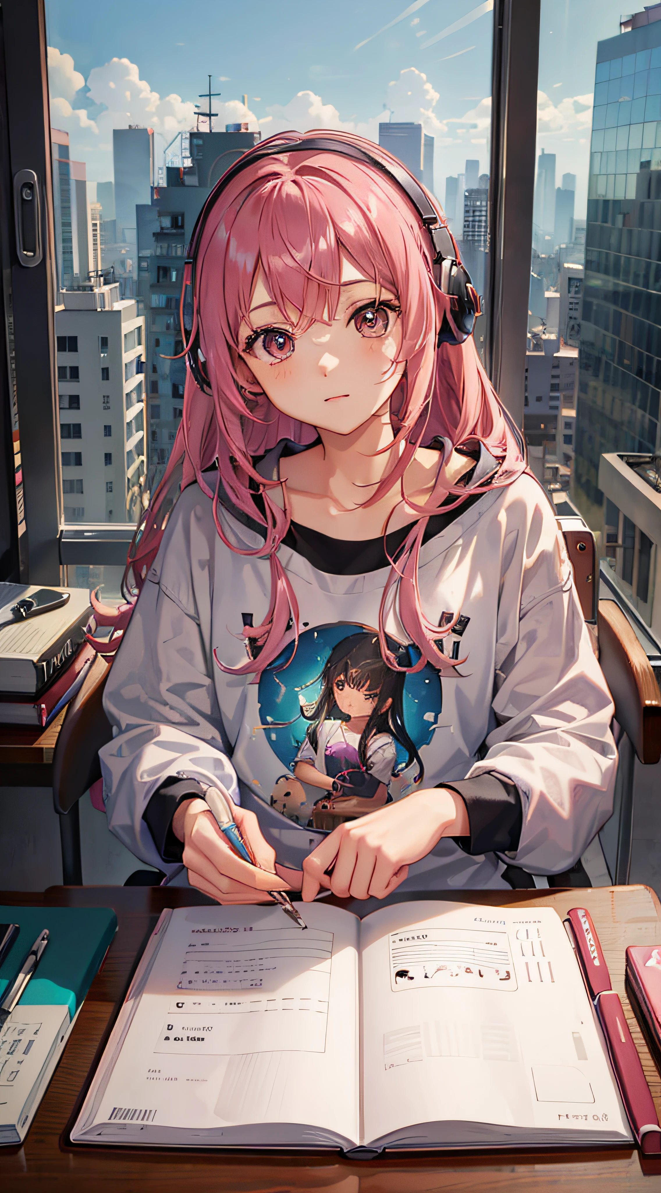 Lofi Music Anime Illustrations, uma menina com cabelo rosa em um quarto estudando, com livros, um notebook com uma pela vista de uma cidade de dia , listening to music while conceiving in studies, uma atmosfera agradavel e um pouco escuro o quarto --aut --auto