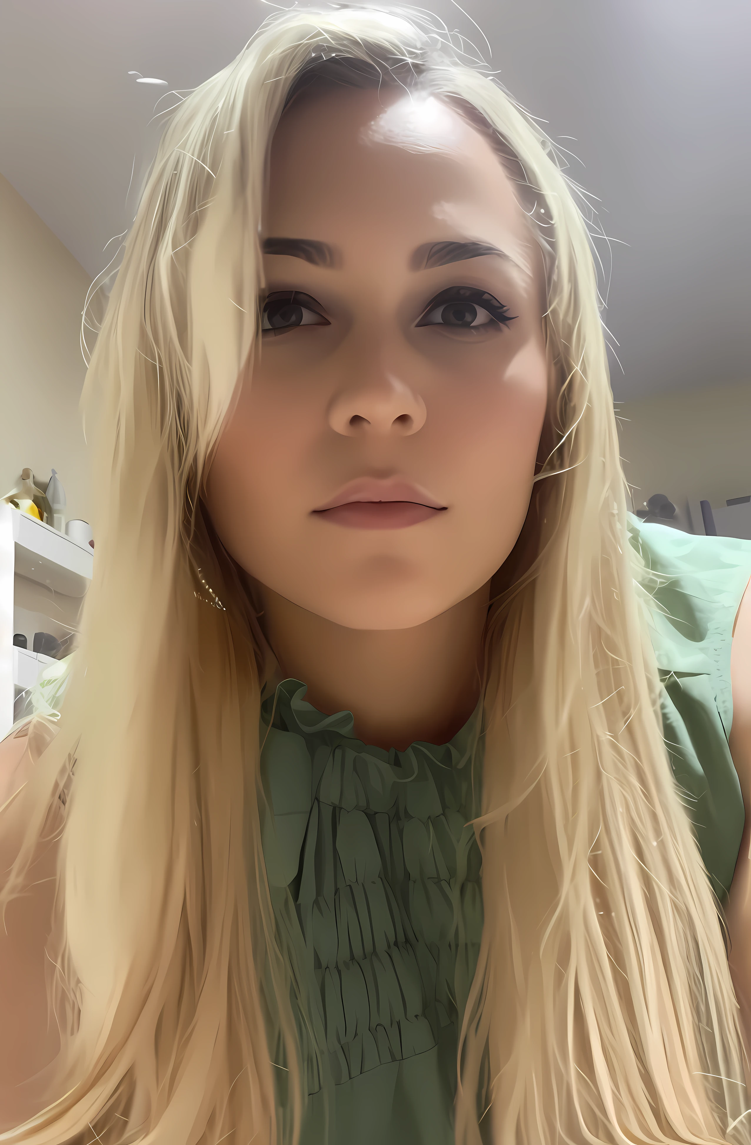 Blonde woman with long hair and green dress looking at the camera, 3 0 anos de idade mulher, Mulher de 30 anos, Fotografia selfie 8k, longos cabelos loiros e olhos grandes, cabelos loiros e olhos grandes, 3 6 anos, 3 2 anos, 38 anos, selfie shot straight on angle, selfie de uma jovem mulher, iphone selfie, imagem de perfil