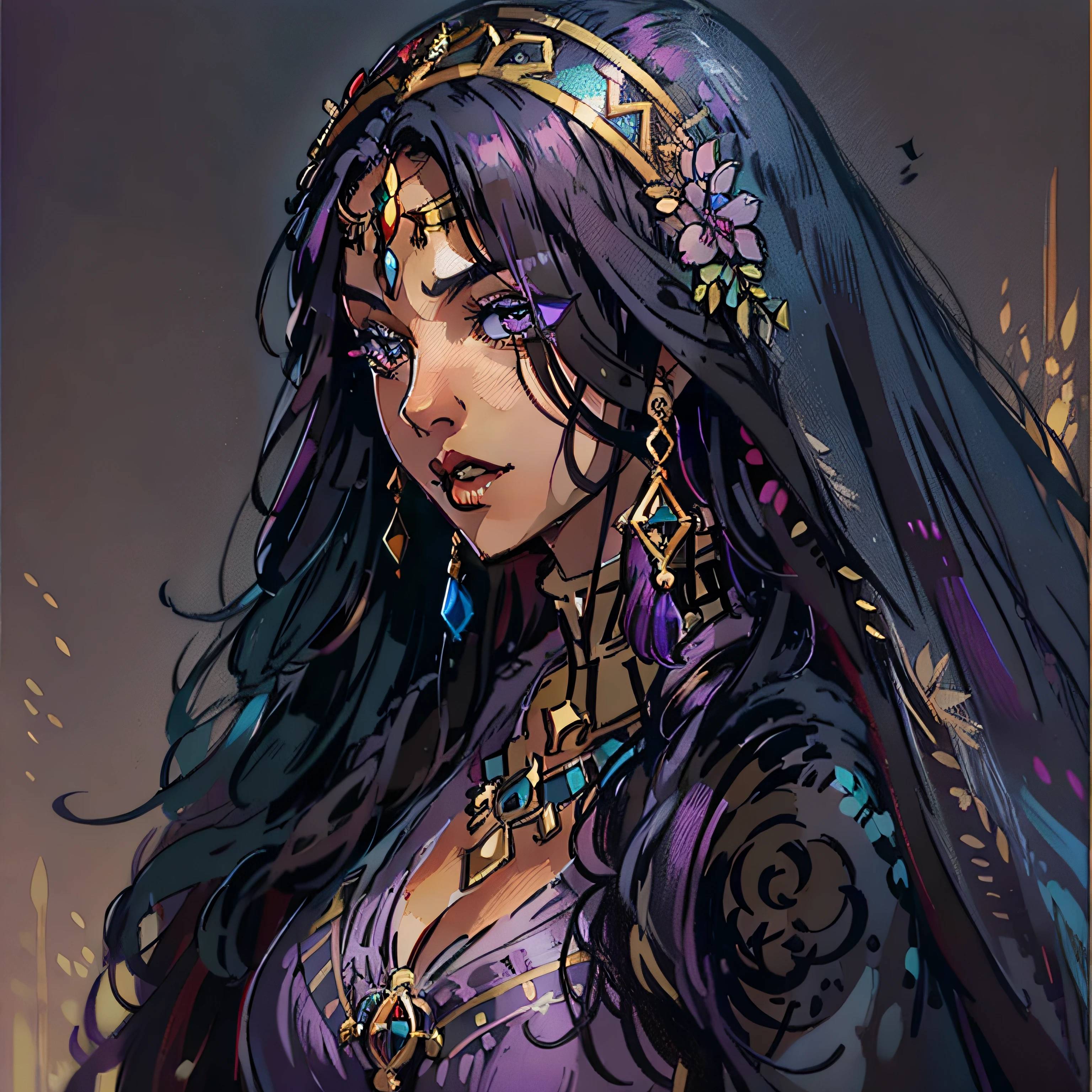 arabian princess, purple clothes, long black hair, female, sexy, close up portrait, arabion etnics, rpg character, medieval fantasy