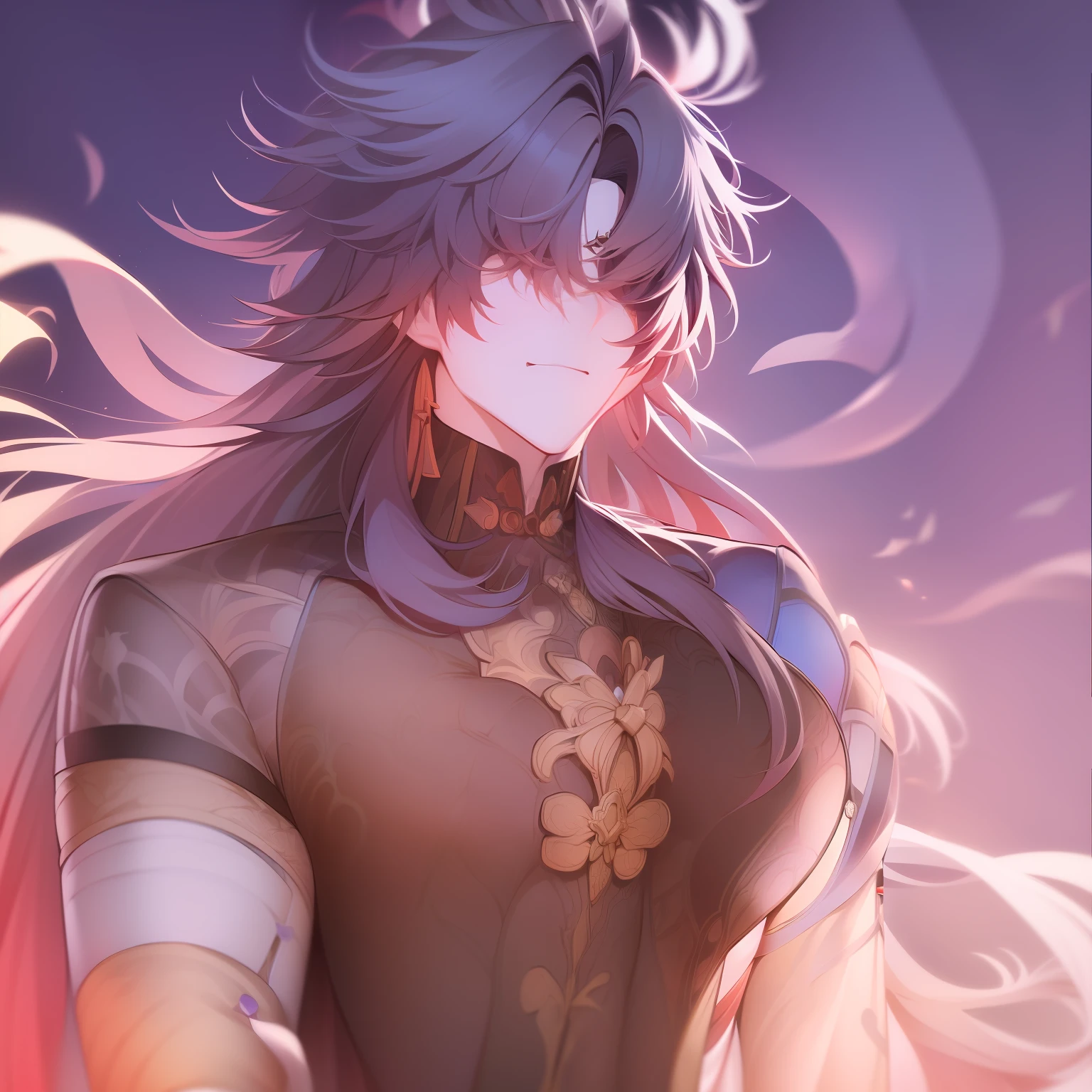 Blade from honkai star rail, white hair, calm, detailed, beautiful face, calm atmosphere, looking at viewer, interesting composition, masterpiece, best quality, 1 male, adult, orange eyes, long hair, handsome, tall muscular guy, broad shoulders, finely detailed eyes and detailed face, extremely detailed CG unity 8k wallpaper, intricate details, intricate details