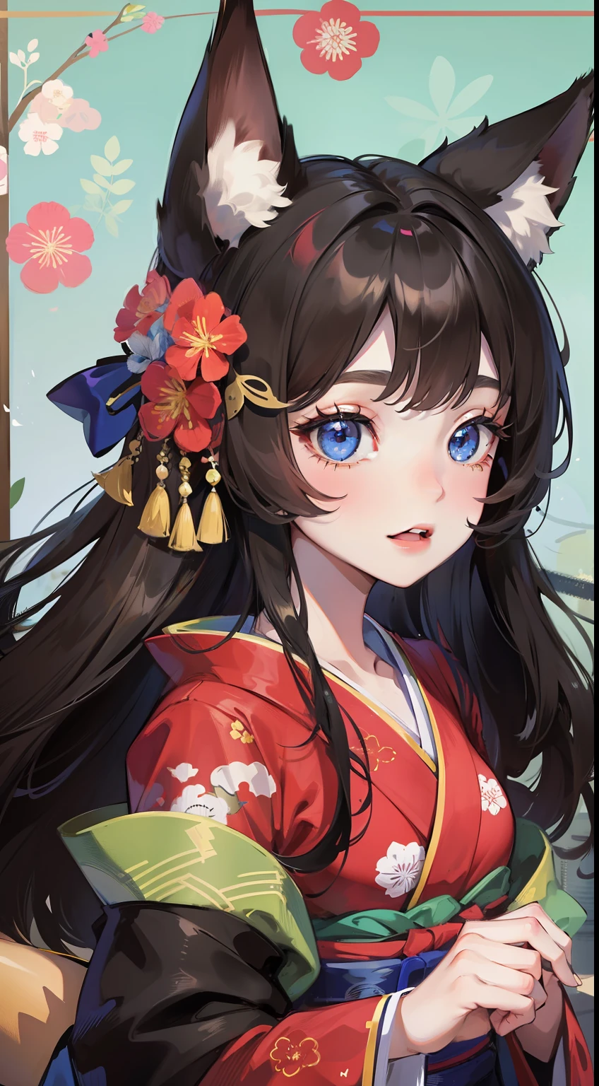 young girl, long curly black hair, Fox ears, Foxtail, blue eyes, open kimono, ssmile, Masterpiece, hiquality