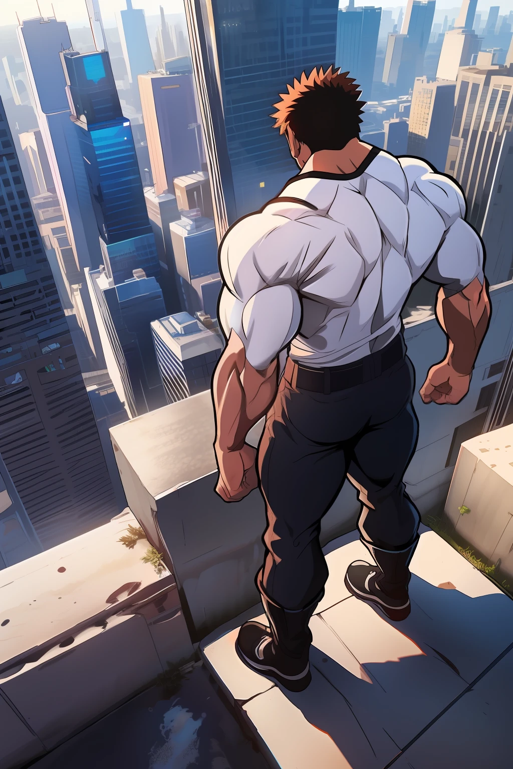 Generate an anime-style artwork featuring a high angle shot of a muscular male character with his back turned to the camera, THE CHARACTER IS ON TOP OF A HIGH BUILDING, The protagonist should possess an extremely muscular body, akin to that of a bodybuilder. The character should have very short hair and be dressed in a white tank top, black pants, and black boots.The image should depict the full body of the character, with the focus on their intimidating stance from behind. The protagonist should exude strength and dominance, displaying a powerful presence. The scene should feature only the muscular character, THE CHARACTER MUST BE ON TOP OF A BUILDINGS SHOWING A BIG CITY BELOW HIM