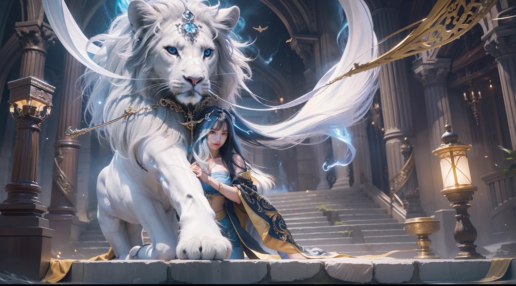Medieval street corners,Night, Dark, (Fantasy),infinite,deep blue sky,The abyss of knowledge,Cowledge,((masutepiece)), (((Best Quality))),((Beautiful fine eyes)),(Eye lashes)、Very beautiful face、The ultra -The high-definition、Beautiful girl riding a giant white lion、(1人)、Black hair、The long-haired、abyss eyes、glowy skin、oils、small tits、Perfect human body structure、Wizard robes、tattered cloth、Realistic coat、Tee、Super delicate CG Unity 32k wallpaper、photoRealstic、masterpiece, ((ultra-detailliert)), ((illustratio)),colourfull,wall-paper,The energy,Unknown terror,Incomprehensible,Around the magic,Magical surroundings,magic wands,Boken,Flying pages,Know everything,Predict the future、Get to know the past、Infinite wisdom、blue flames、Warlock、magic circles、Pentagram、Spells、mantra、Singing magic