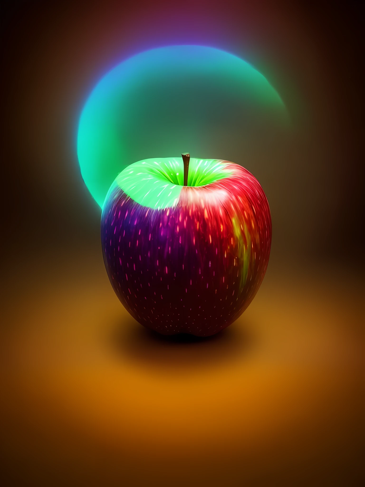 Generate an image of a realistic apple with a magical aura emanating from it. The apple should look lifelike, with detailed textures and colors. The magical aura surrounding the apple should have a soft, ethereal glow, and it can be in any color you find suitable for a magical effect. The overall scene should evoke a sense of wonder and enchantment.
