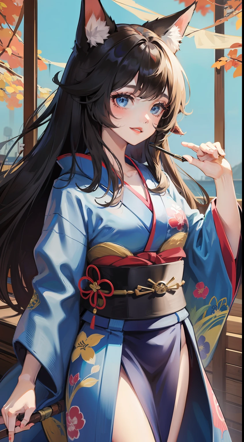 young girl, long curly black hair, Fox ears, Foxtail, blue eyes, open kimono, ssmile, Masterpiece, hiquality