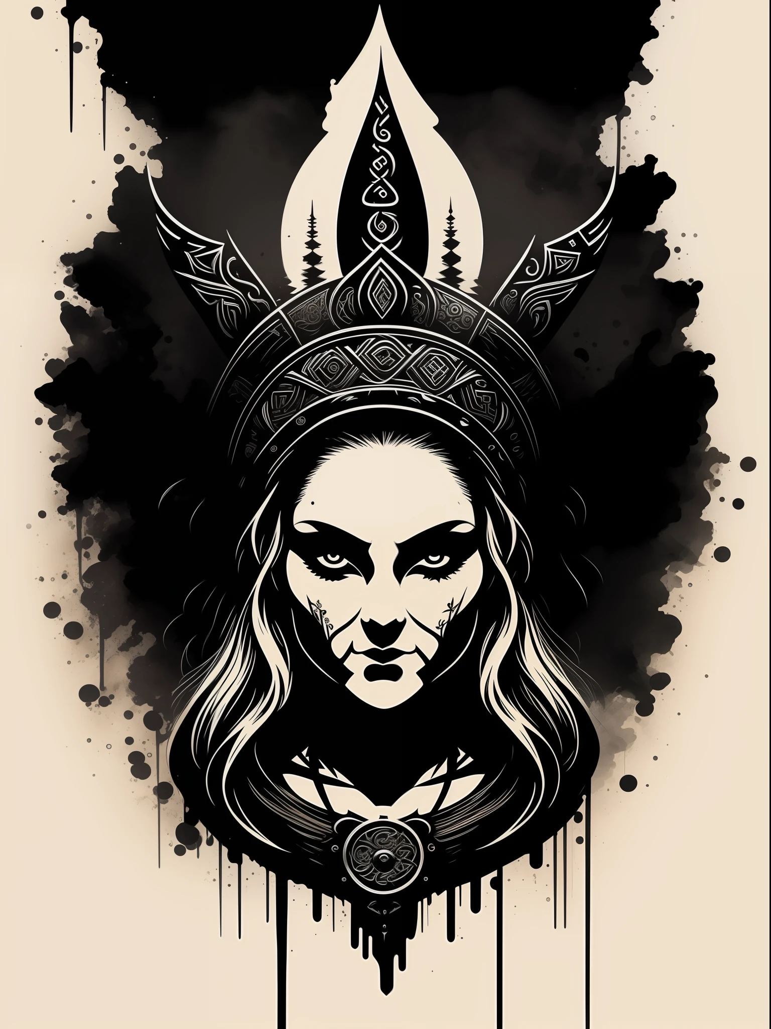 viking woman, t-shirt art, 2D, ((black background :1, 5)), vector, vivid colors, masterpiece, best quality, intricate details, perfect symmetrical face, realistic details, gothic theme, rim light, moonlight, cinematic shading, Greg Rutkowisk