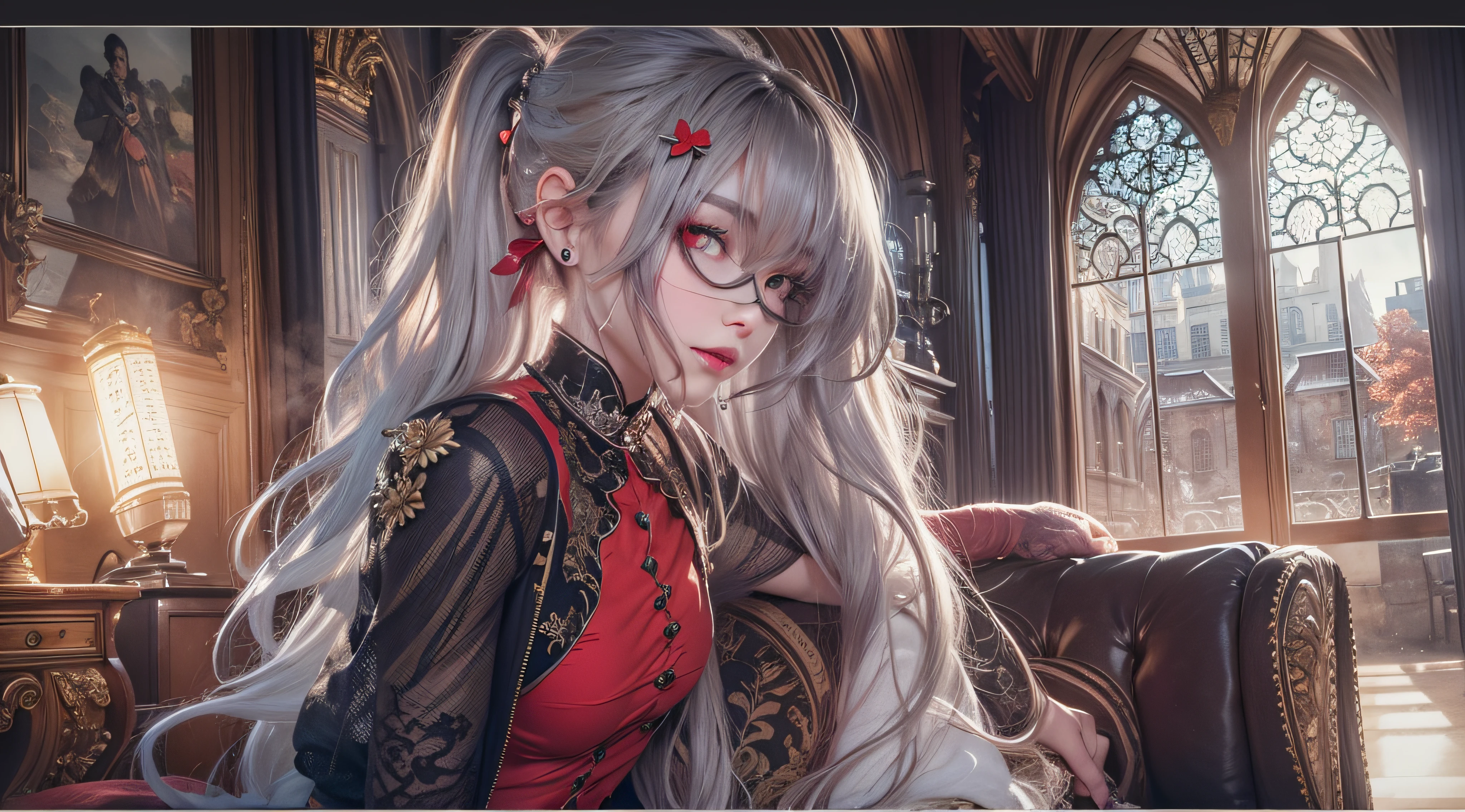 masutepiece, No clothes, Perfect nudity, Legs spread, SEX, random provocative poses, beastly pose, of the highest quality, High quality, Highly detailed CG Unity 8k wallpaper, Art Station, Digital Illustration, with an intricate, 動向, awardwinning photo, depth of fields, nffsw, chromatic abberation, Realism, Highly detailed, Art Station Trends, CGsociety Trends, with an intricate, high detailing, Dramatic, 8K, 16 K, of the highest quality, Photon mapping, Radio City, Photorealistic, Elaborate CG, physically-based renderingt, ultra realistic realistic textures, unreal enginee 5, motion angles, Cinematic lighting, Dramatic Lighting, Professional Lighting, Slender face Very detailed and expressive eyes, Shiny hair, High Texture、Detailed face and skin, highly detailed skin with pores, Perfect body line, Perfect bust line, exquisite collar bone, Perfect clavicle, Bewitching and mysterious oriental adult woman, Vampire, Red Lipstick, Red Eyes, Red Eye Shadow, Long gray hair with a glossy waist, sadistic smile, Tattoos all over the body, Gothic architecture of the 19th century、Stately research、fine furniture、Velvet upholstered chair、plush bookcase、fireplace、nighttime scene、Dim lighting、moonlights、