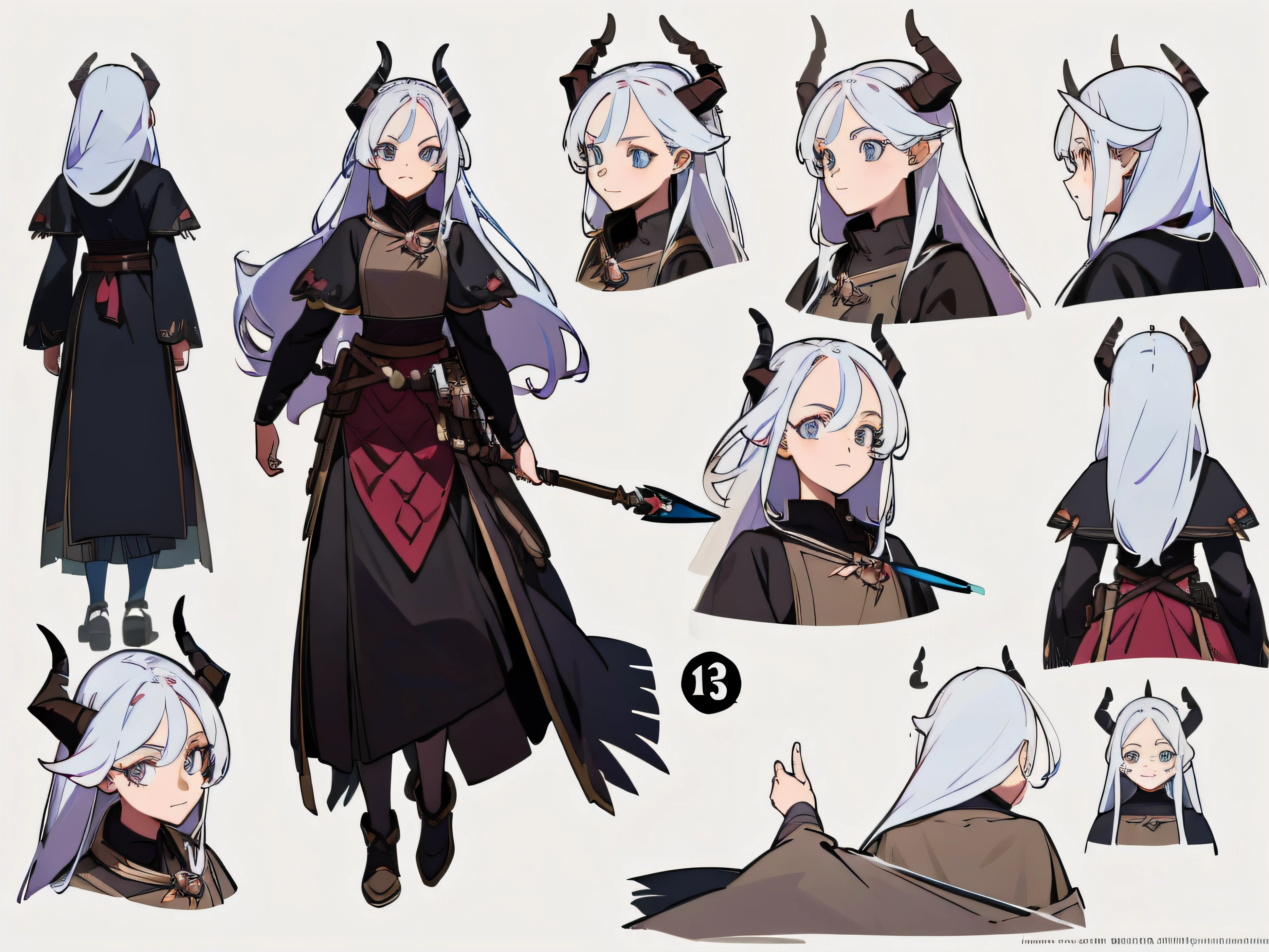 ((masterpiece)),(((best quality))),((character design sheet,same character,front,side,back)),illustration,1 girl,long hair,hair on eyes,beautiful eyes,environment Scene change, pose too, female demon, horns, holds a spear, charturnbetalora, (simple background, white background: 1.3)