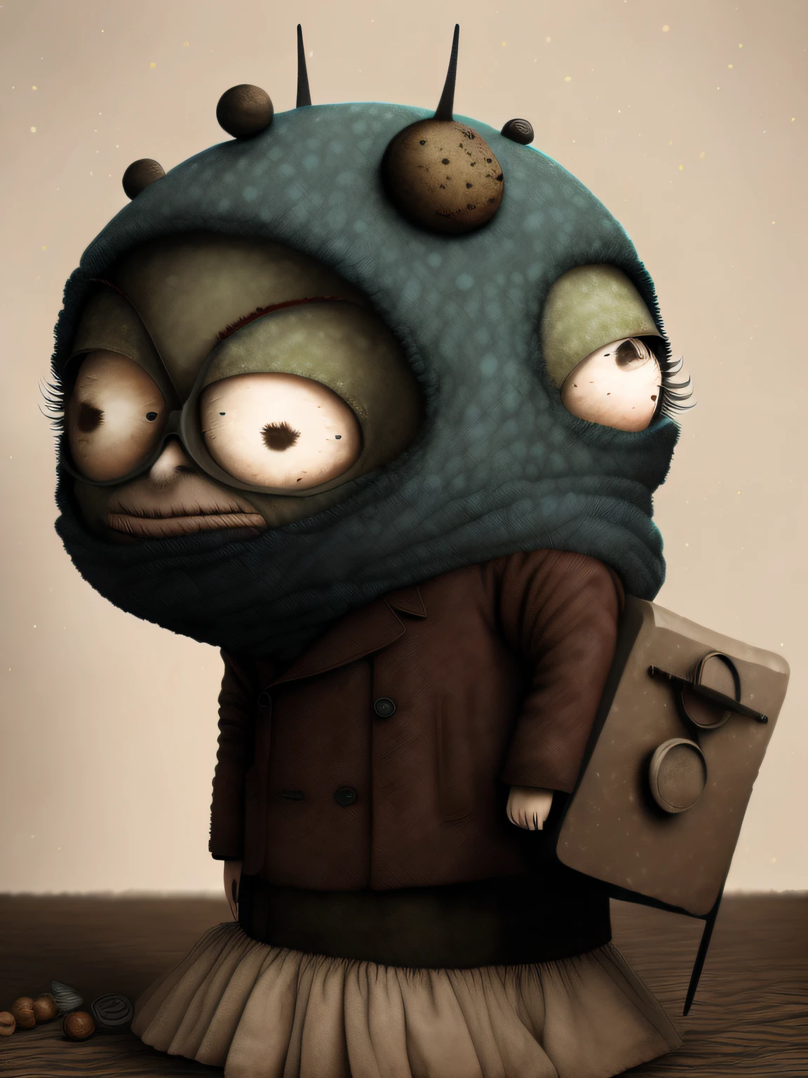 escena de la ultima cena con personajes de dibujos animados vestidos con abrigos y sombreros se paran juntos, Anton Semenov, Personajes de Maquinarium, Pupilas dot, Tres ojos, Seis de Little Nightmares, 3 cabezales, Tres cabezas, sonrisas espeluznantes, Tres ojos, Somber, por Yi Inmun, por Tadeusz Brzozowski, pocos globos oculares, horripilante!!, Arte conceptual post grunge