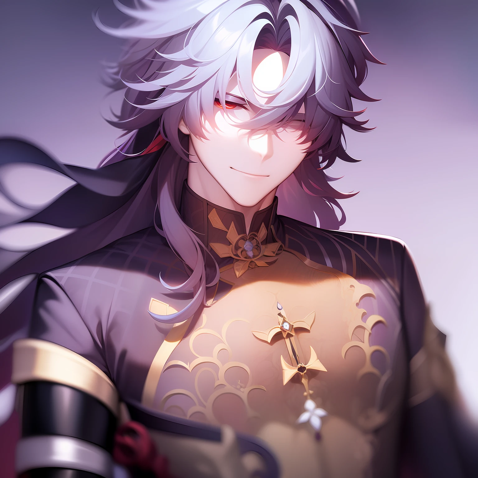 1man, Blade from honkai star rail, white hair, calm, detailed, beautiful face, calm atmosphere, looking at viewer, interesting composition, big smile, happy