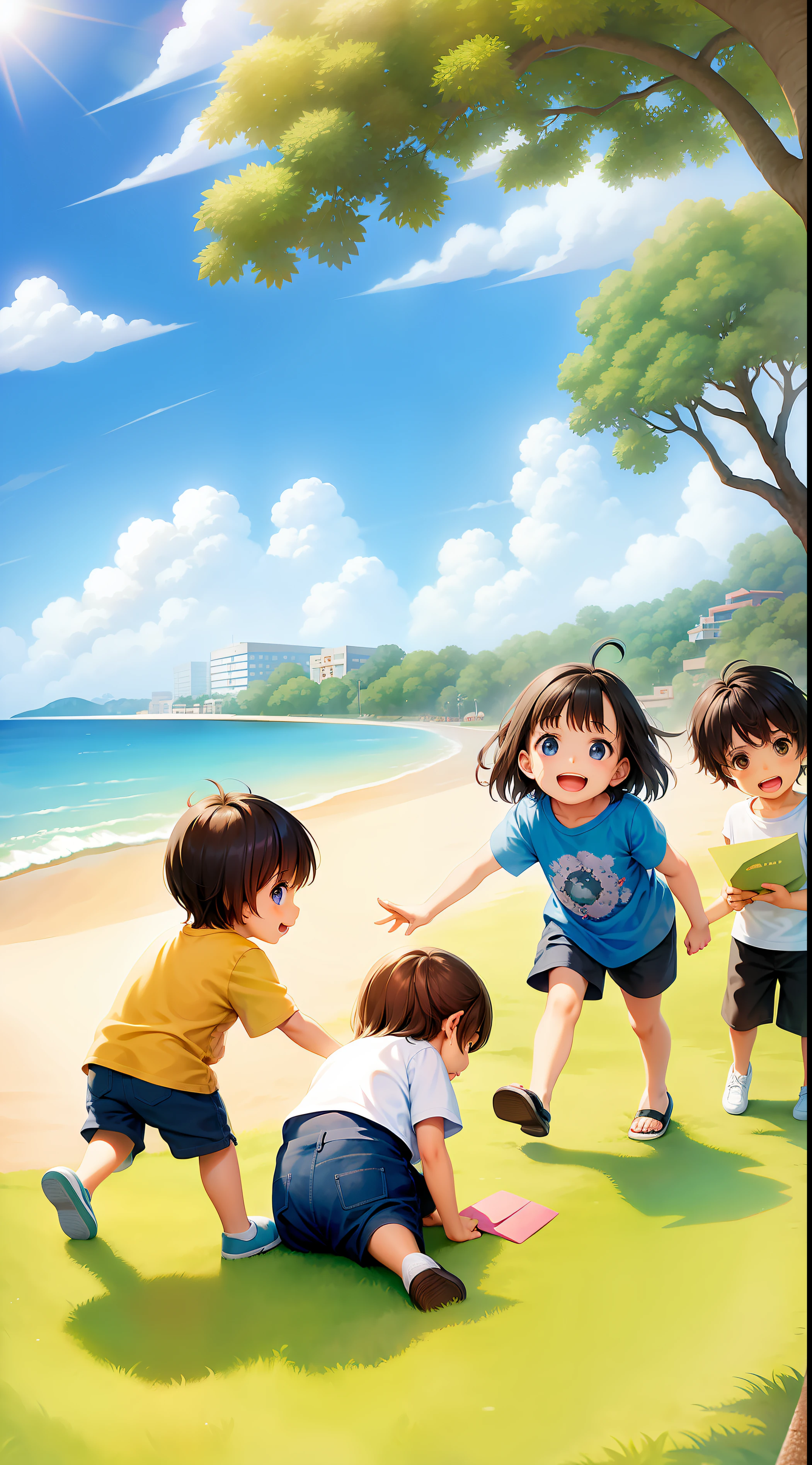 Design infantil irrealista, three children, 2 meninos e 1 menina, sunny morning, Find an envelope on the floor
