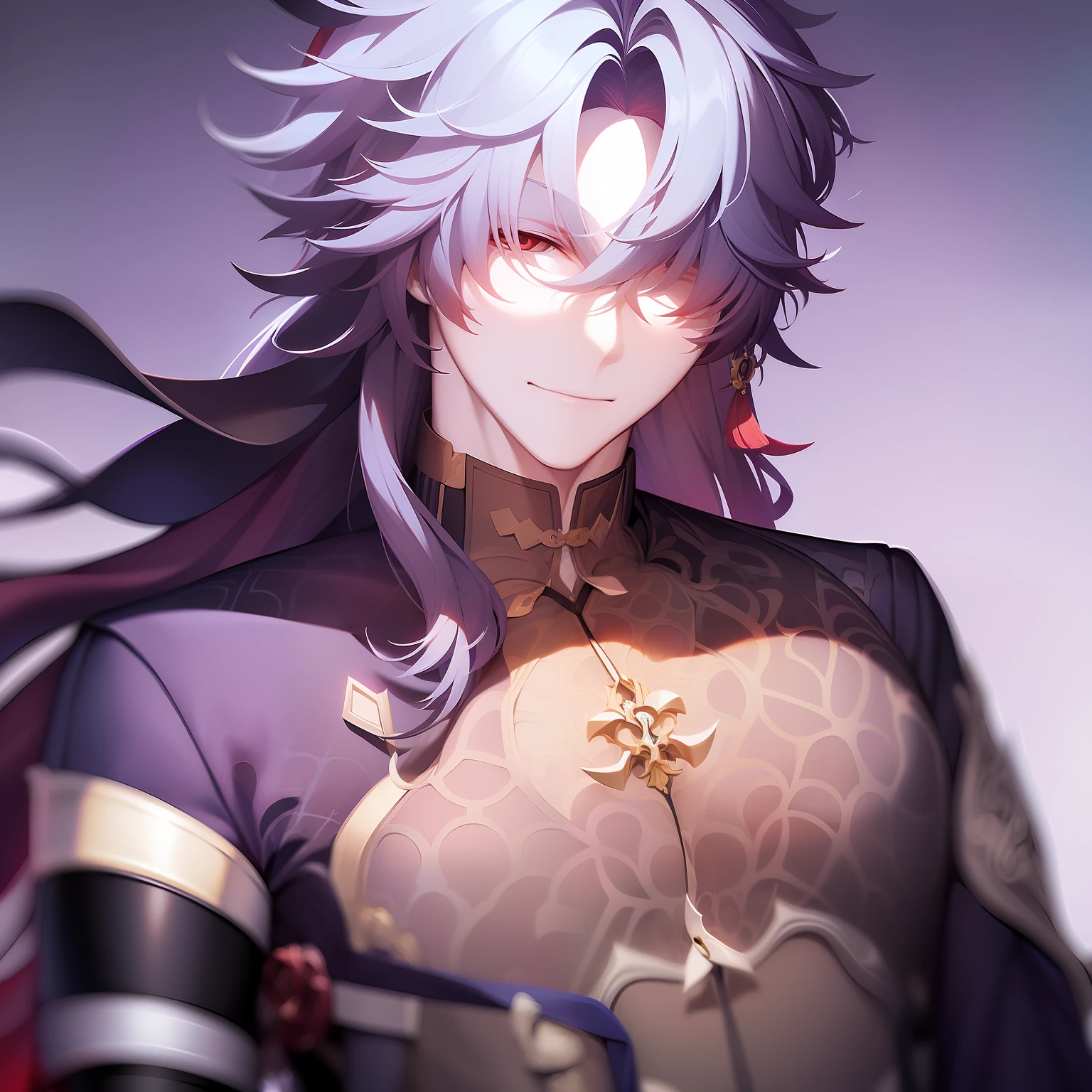 1man, Blade from honkai star rail, white hair, calm, detailed, beautiful face, calm atmosphere, looking at viewer, interesting composition, big smile, happy