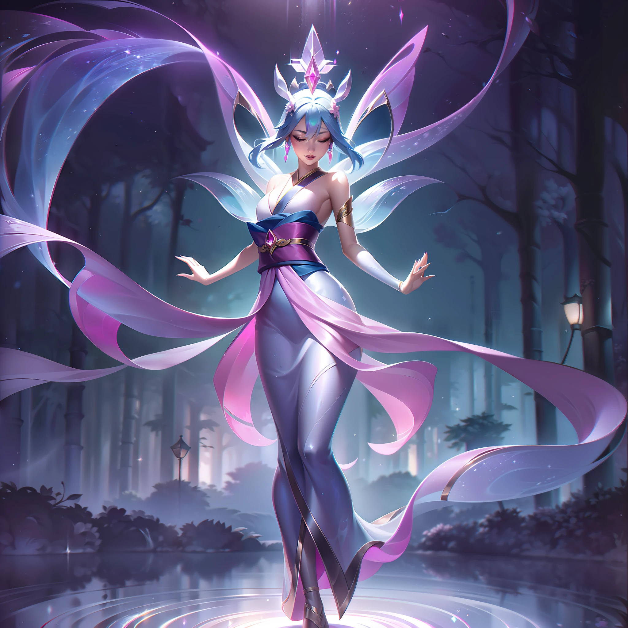 In the enchanting "Spirit Blossom" skinline, Lux, the Lady of Luminosity from League of Legends, undergoes a captivating transformation. Her appearance retains the essence of her radiant beauty, but now she embodies the ethereal grace of a celestial blossom. Clad in an intricate kimono-inspired robe crafted from moonlit petals that shift between shades of iridescent blue and soft lavender, Lux exudes an otherworldly aura. Her delicate, opalescent wings spread gracefully behind her, resembling the gossamer wings of a mythical butterfly. Adorned with ornate silver jewelry featuring delicate cherry blossom motifs, her every movement is accompanied by a cascade of luminescent stardust. Lux's eyes shimmer with a gentle glow, mirroring the twinkling stars in the night sky. Standing amidst a serene bamboo grove with cherry blossom trees in full bloom, the moonlight bathes her in a silvery luminescence, while flickering fireflies dance playfully around her, adding a touch of magic to the scene. The atmosphere exudes tranquility, invoking a sense of wonder and reverence. The "Spirit Blossom" splash art captures Lux in a moment of serenity, as she unleashes her radiant power upon the world, a true embodiment of celestial beauty and luminous grace.