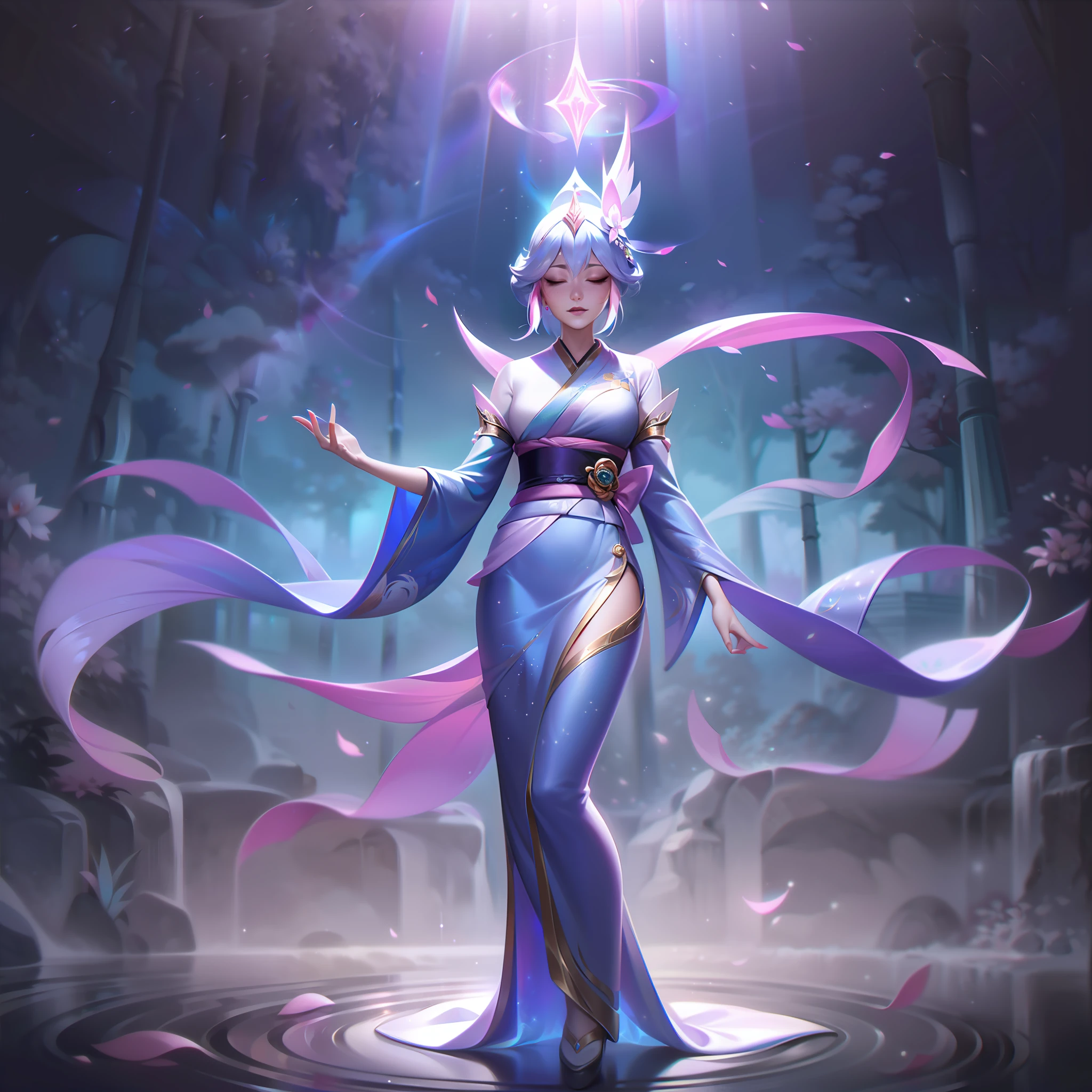 In the enchanting "Spirit Blossom" skinline, Lux, the Lady of Luminosity from League of Legends, undergoes a captivating transformation. Her appearance retains the essence of her radiant beauty, but now she embodies the ethereal grace of a celestial blossom. Clad in an intricate kimono-inspired robe crafted from moonlit petals that shift between shades of iridescent blue and soft lavender, Lux exudes an otherworldly aura. Her delicate, opalescent wings spread gracefully behind her, resembling the gossamer wings of a mythical butterfly. Adorned with ornate silver jewelry featuring delicate cherry blossom motifs, her every movement is accompanied by a cascade of luminescent stardust. Lux's eyes shimmer with a gentle glow, mirroring the twinkling stars in the night sky. Standing amidst a serene bamboo grove with cherry blossom trees in full bloom, the moonlight bathes her in a silvery luminescence, while flickering fireflies dance playfully around her, adding a touch of magic to the scene. The atmosphere exudes tranquility, invoking a sense of wonder and reverence. The "Spirit Blossom" splash art captures Lux in a moment of serenity, as she unleashes her radiant power upon the world, a true embodiment of celestial beauty and luminous grace.