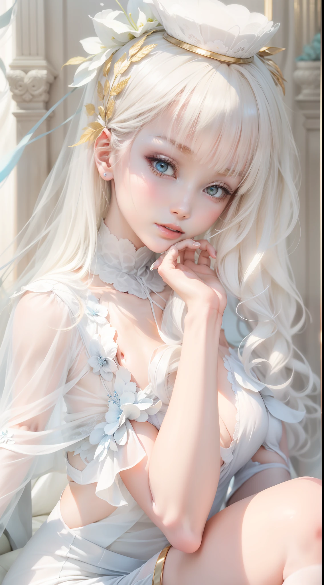 Melon seed face,White skin,Moist body,Affectionate look,slenderlegs,White stockings,White dress,Gold wire wrapped around clothes,Gentle woman,White and blue high heels,White-blond hair,Long hair