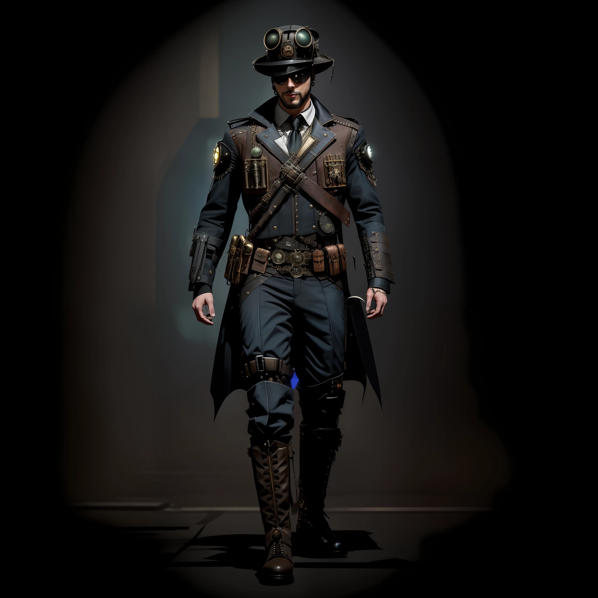 There's a costumed man walking down a dark street, steampunk superhero, ciborgue steampunk ocidental, symmetrical dieselpunk warrior, arte digital steampunk, guerreiro steampunk, soldado cyberpunk, Batman cyberpunk, cyberpunk steampunk, arte steampunk digital, arte do personagem cyberpunk, Retrato masculino steampunk, arte do personagem shadowrun, guarda-roupa dieselpunk blindado, arte conceitual steampunk, armadura dieselpunk