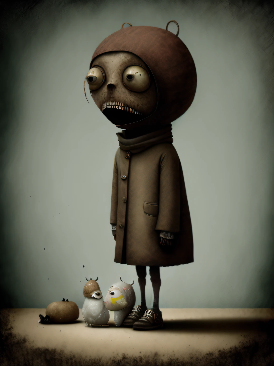 escena de la ultima cena con  personajes de dibujos animados vestidos con abrigos y sombreros se paran juntos, Anton Semenov, Personajes de Maquinarium, Pupilas dot, Tres ojos, Seis de Little Nightmares, 3 cabezales, Tres cabezas, sonrisas espeluznantes, Tres ojos, Somber, por Yi Inmun, por Tadeusz Brzozowski, pocos globos oculares, horripilante!!, Arte conceptual post grunge