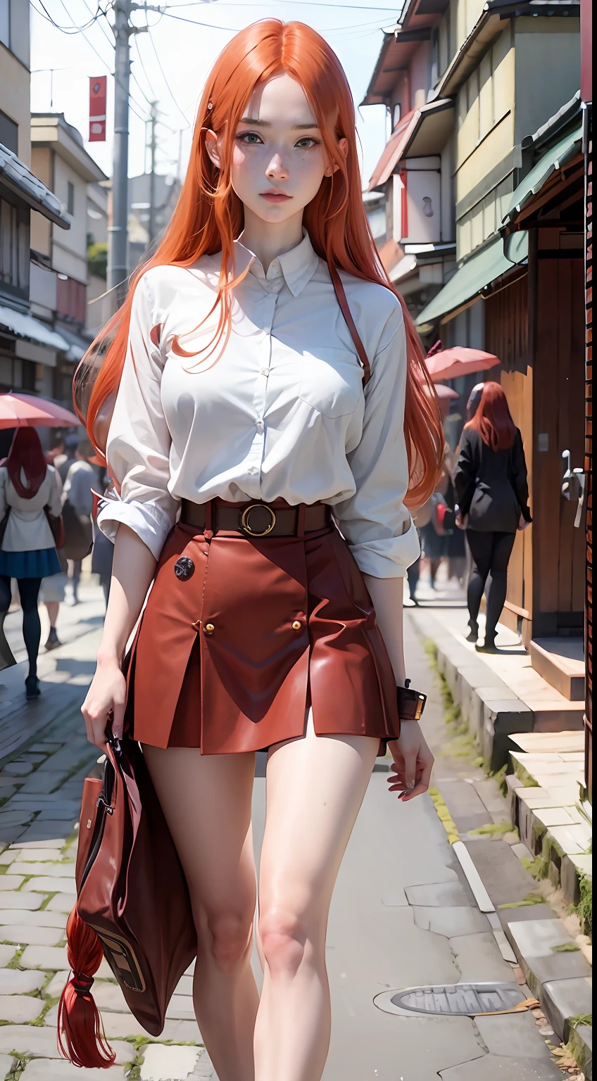 Hard breast, redhead, red hair, freckles, long straight hair, European youth, (japan high school clothes), detailed face, detailed eyes, leg focus,  fashion photorealism, photography, sharpness, unique 850 4, rich color, hyperrealistic texture, spectacular light texture, surreal art, Cinestil 800 fashion mechanism, wide shot
