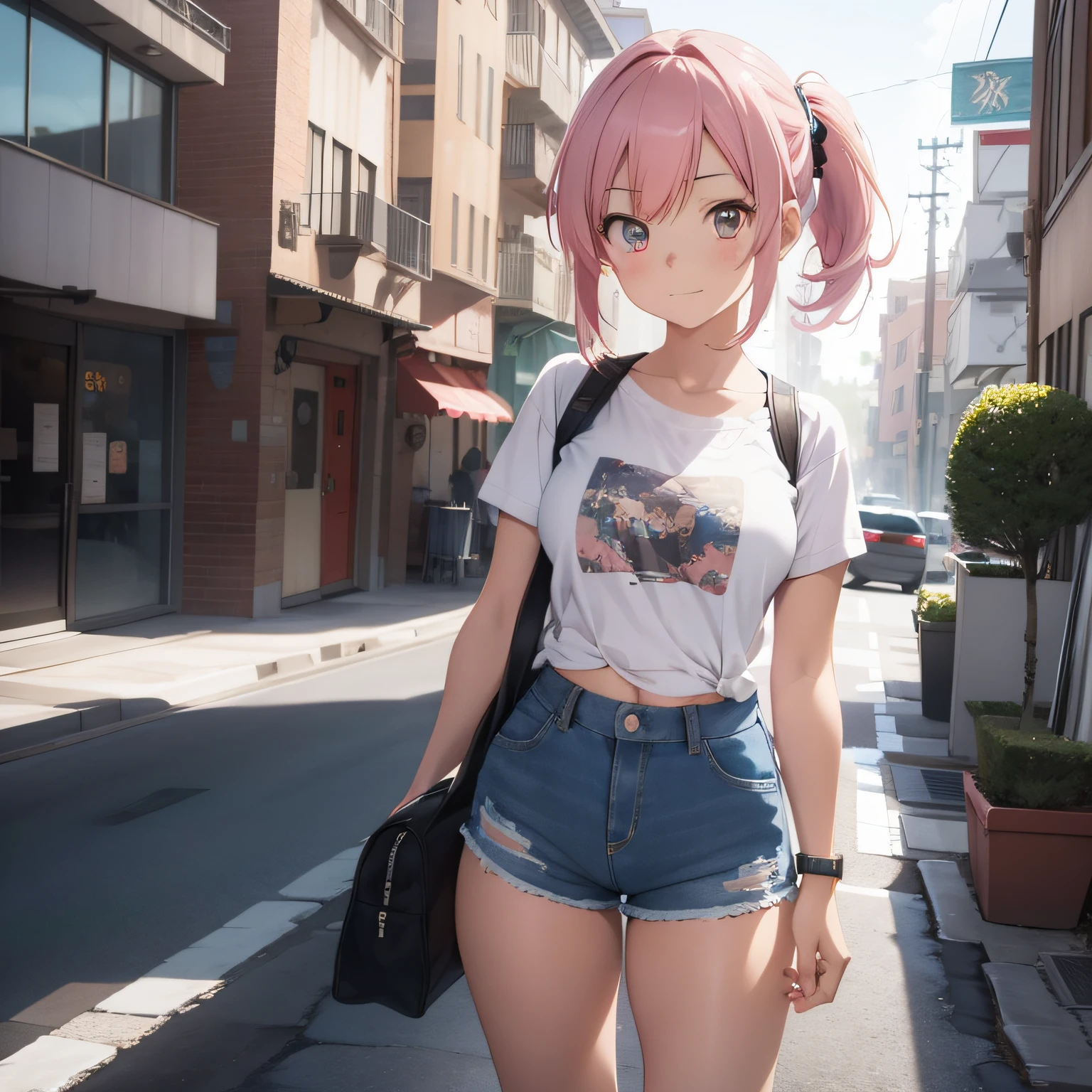 Anime girl with short hair and jeans shorts posing for camera, Kantai Collection Style, anime moe art style, Casual pose, High quality anime art style, Anime style. 8K, photorealistic anime girl render, made with anime painter studio, artwork in the style of guweiz, realistic anime 3 d style, anime styled 3d soio A child with pink hair color Low ponytail white clothes