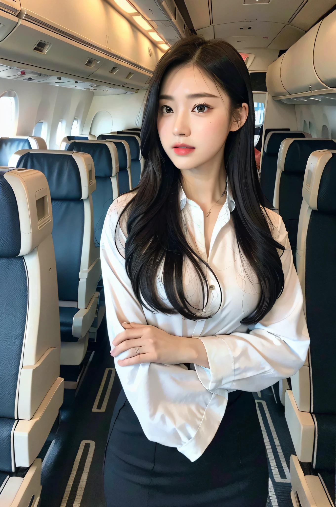 best quality, masterpiece, 8k, ultra high res, (photorealistic:1.4), highly detailed, intricate detail, delicate and beautiful, good lighting, professional lighting, sharp focus, detailed shadows, exquisite details and textures, depth of field, unity 8k wallpaper, cinematic composition, cinematic lighting, official art, Cabin Crew, flight attendant, black pantyhose, (aircraft, (Aircraft Corridor), Aircraft seats) beautiful elegant face, detailed face, detailed eyes, realistic hair, long hair, (1girl), (standing:1.3),