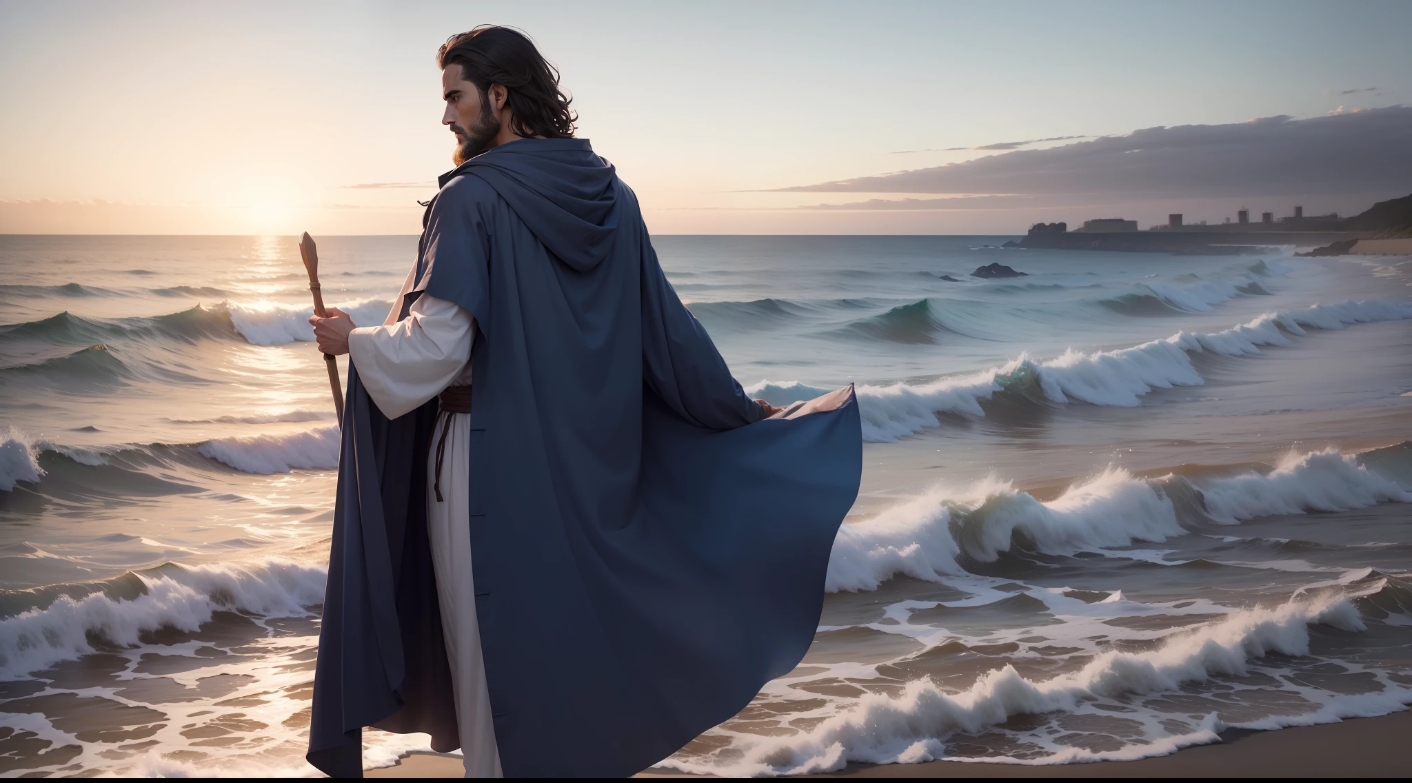 Man in a robe standing on a beach near the ocean, o mar e as tempestades afrente dele, vestido como um profeta, Photo of the Biblical character, vestindo um manto de profeta, imagem de um profeta masculino,  Staff in hand pointing to the sea --auto