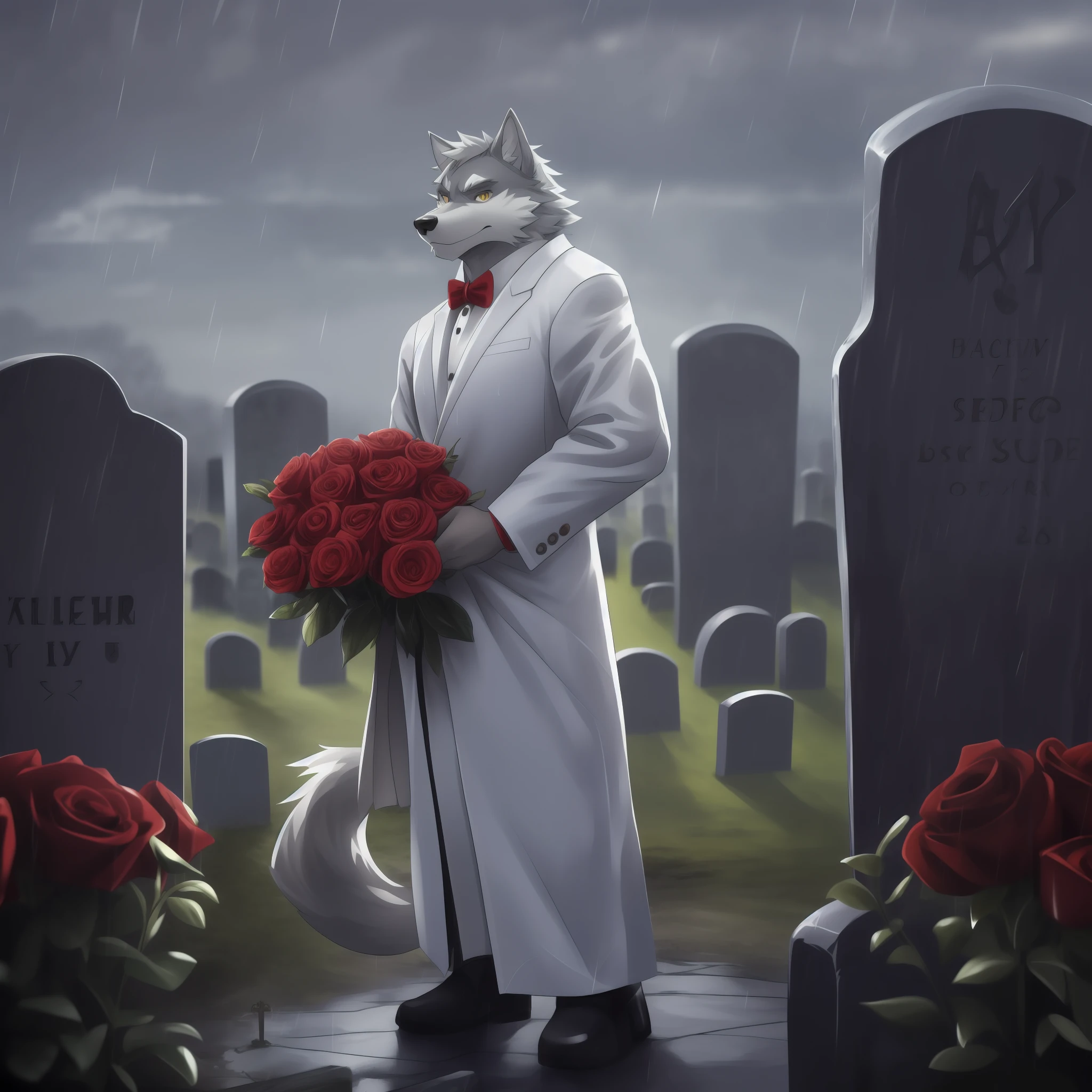 独奏，Wolf orcs，white colors，Handsome model，Face away from the picture，Wearing a white and gold suit，Holding a bouquet of roses，Stand in front of the tombstone，Rainy days，dark cloude，Extreme picture quality