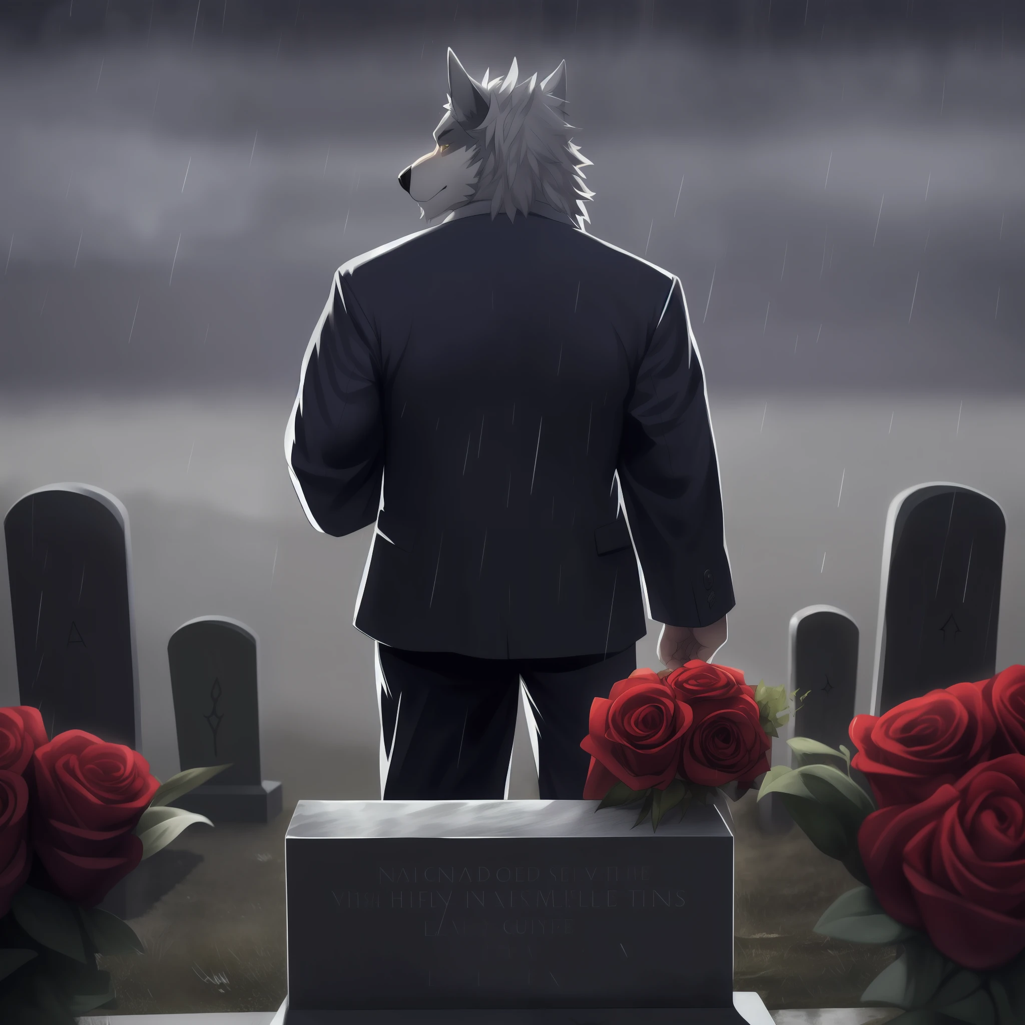 独奏,Wolf orcs,white colors,Handsome model,Face away from the picture,Wearing a white and gold suit,Holding a bouquet of roses,Stand in front of the tombstone,Rainy days,dark cloude,Extreme picture quality