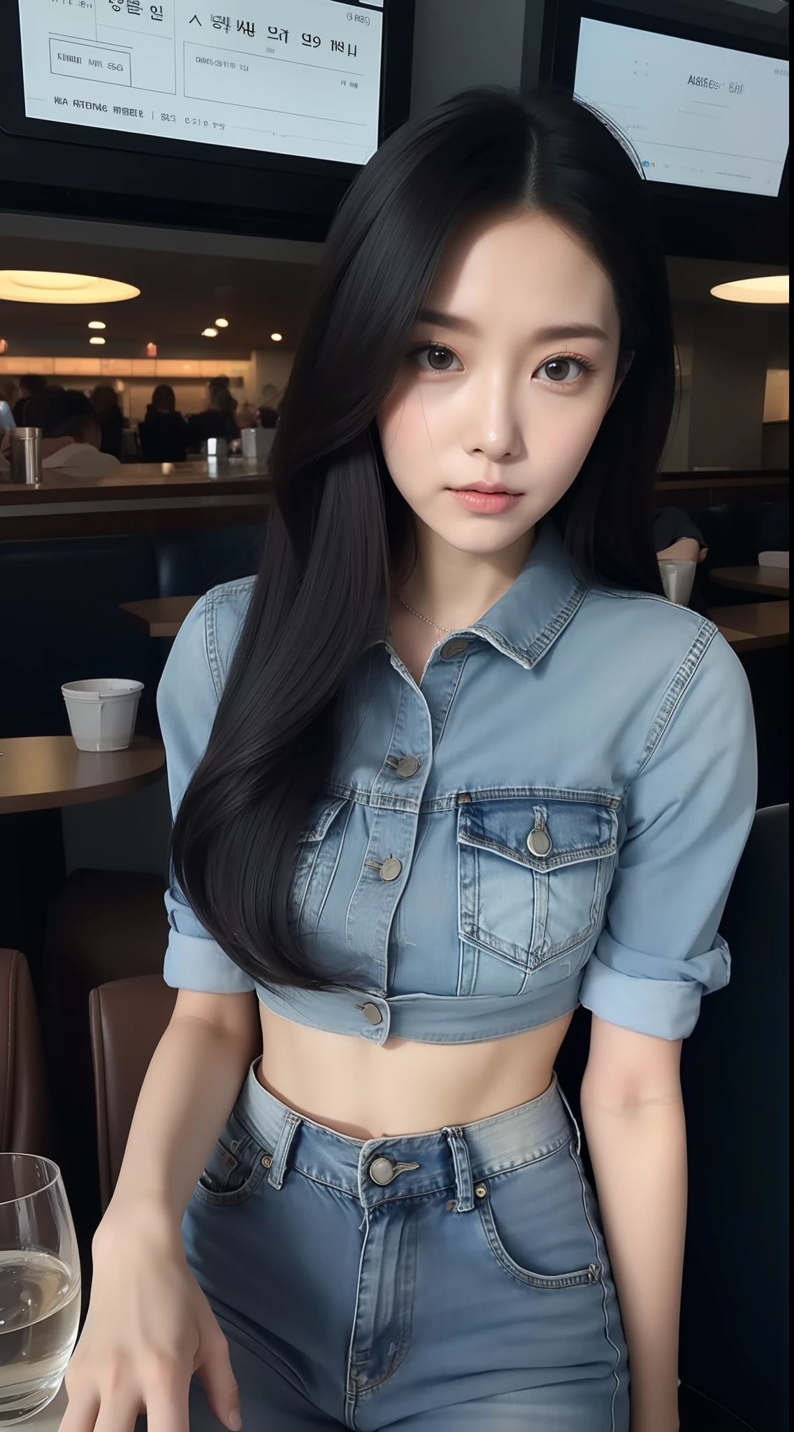 realistic photos of (1 cute Korean star) drill hair, thin makeup, 32 inch breasts size, wearing denim top, and jeans pants, sitting at terminal's restaurant, with drinking water on the table, vanishing point, dithering, retina