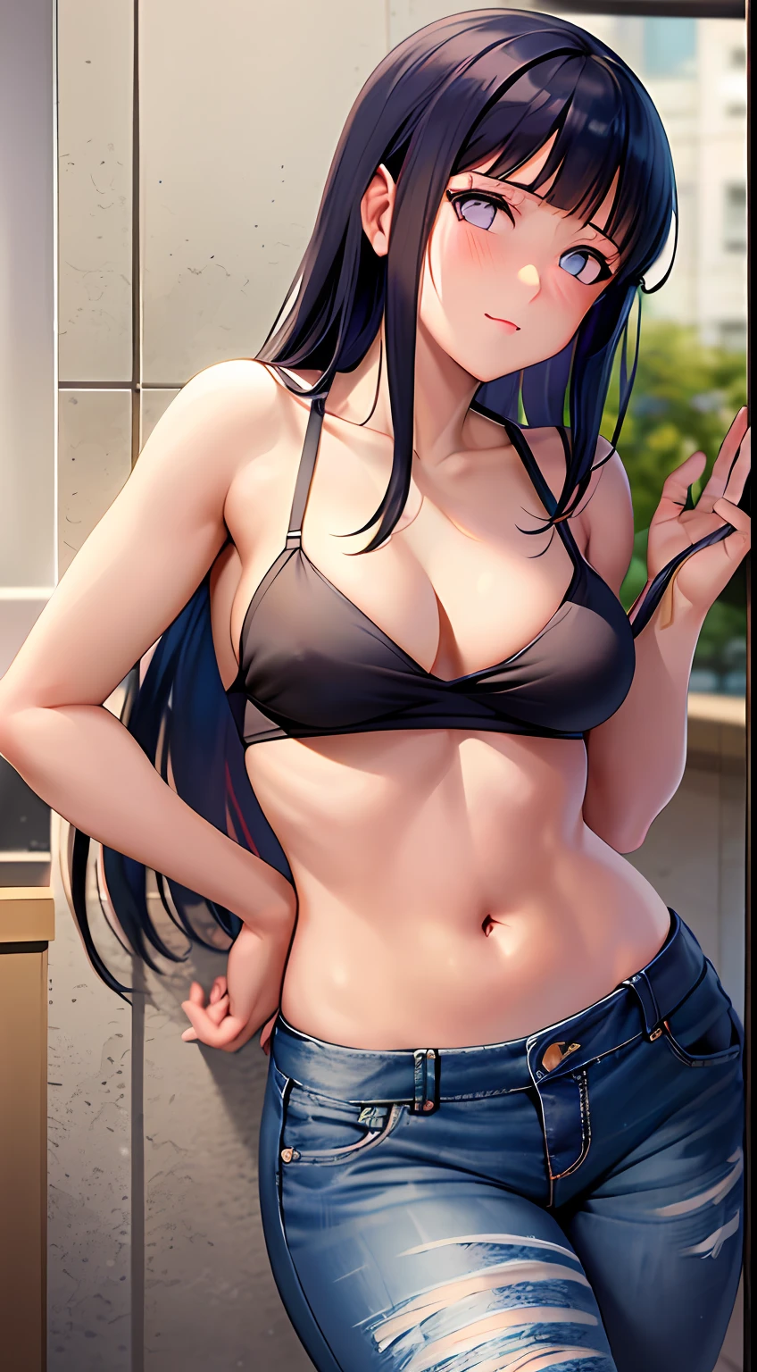 obra-prima, Altas, alta qualidade, rosto detalhado, render corpo detalhado, 1girl, sozinho, hyuuga hinata, hinata-sleevless-outfit, middlebreasts, middlebreasts, calcinha para fora, Small thorax, quadril largo, coxas grossas, sem camisa, sem blusa, corpo inteiro, barriga de fora, top, tampo da rede de pesca, Dark lips, no-bra, seios aparecendo, Dope, standingn, Blushes, (no quarto), tight jeans