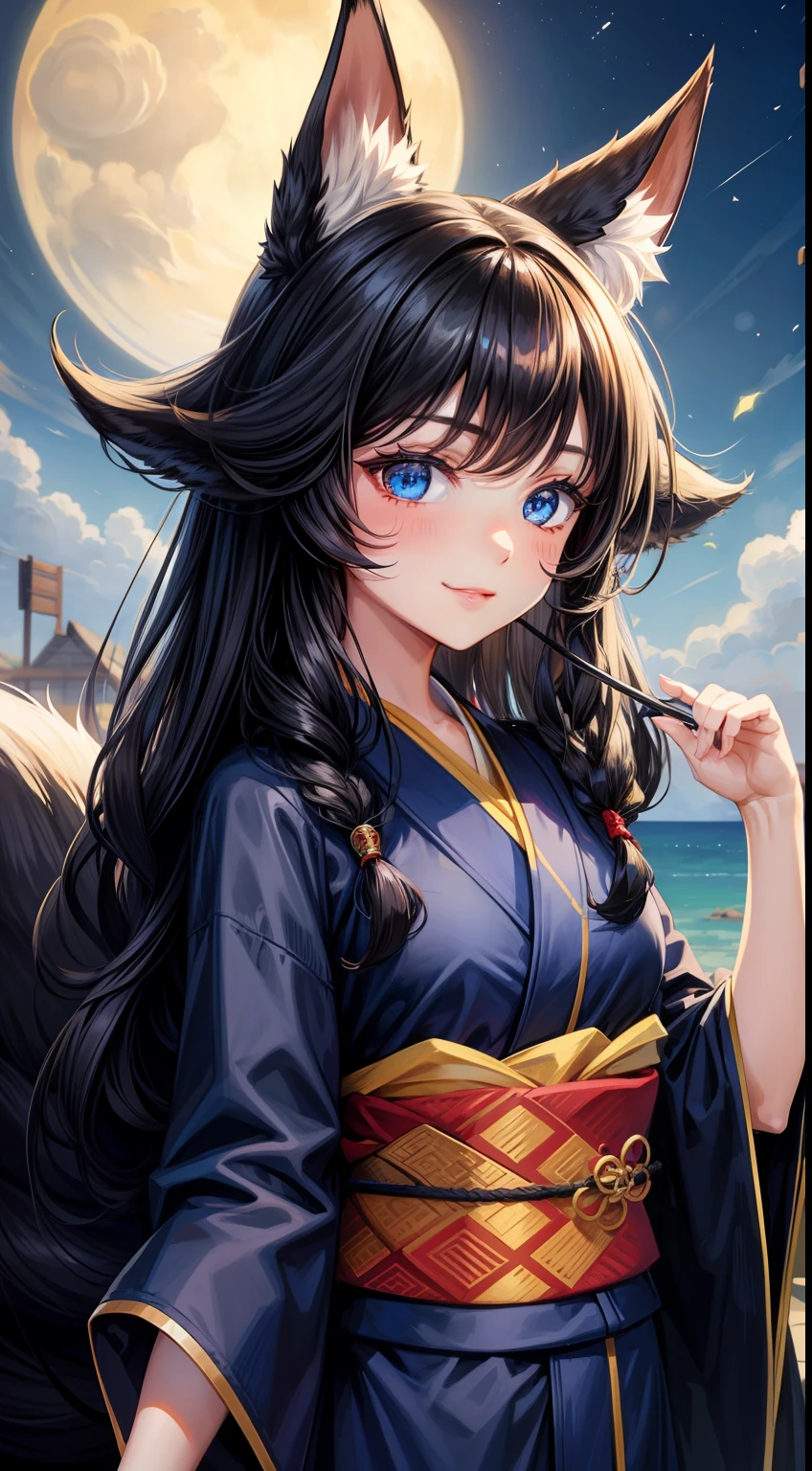 young girl, long curly black hair, Fox ears, Foxtail, blue eyes, open kimono, ssmile, Masterpiece, hiquality