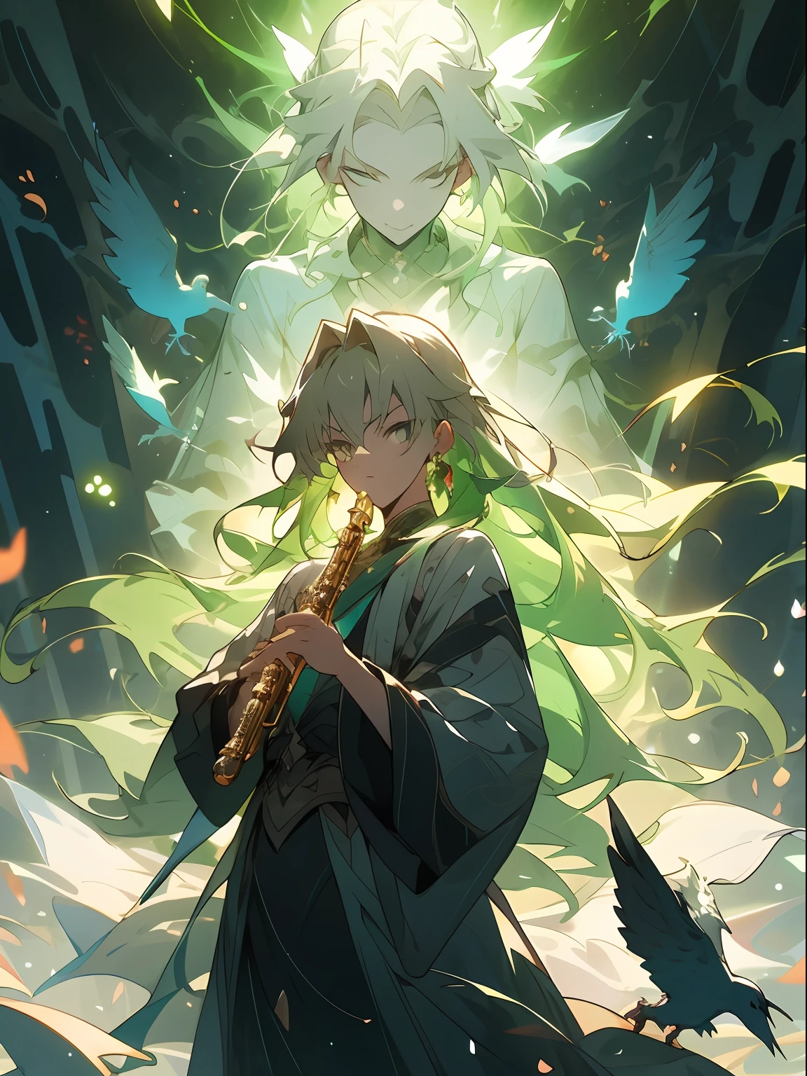 Oist，（tmasterpiece：1.2），best qualtiy， A beautiful woman，Long flowing green hair，glittery, Holding a flute in his hand，，It emits a cold light, ln the forest，Surrounded by leaves and bird particles. , flying birds，The majestic posture and the surrounding are birds.Leaves surged around them, creating an opulent atmosphere. The image is in high definition，