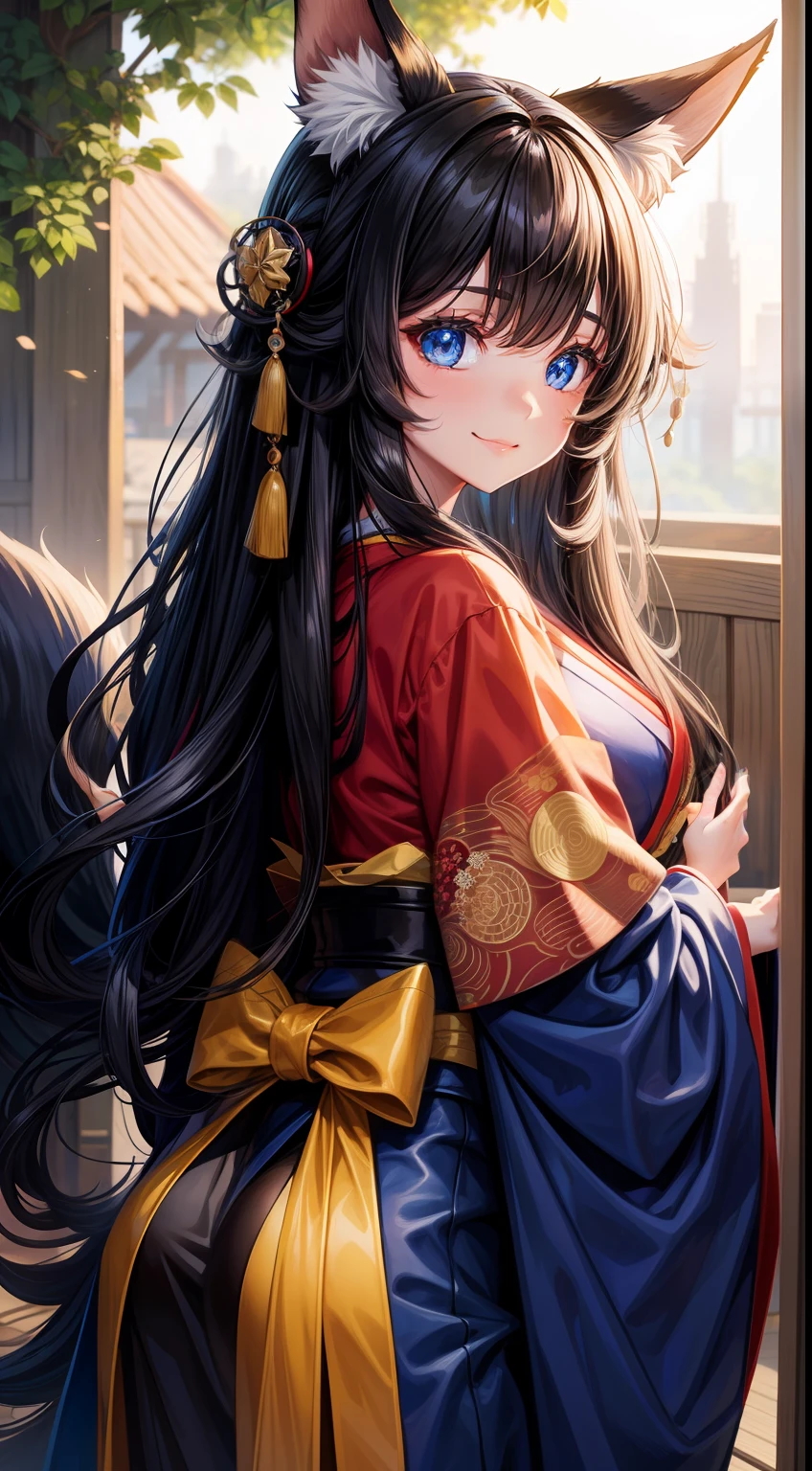 young girl, long curly black hair, Fox ears, Foxtail, blue eyes, open kimono, ssmile, Masterpiece, hiquality