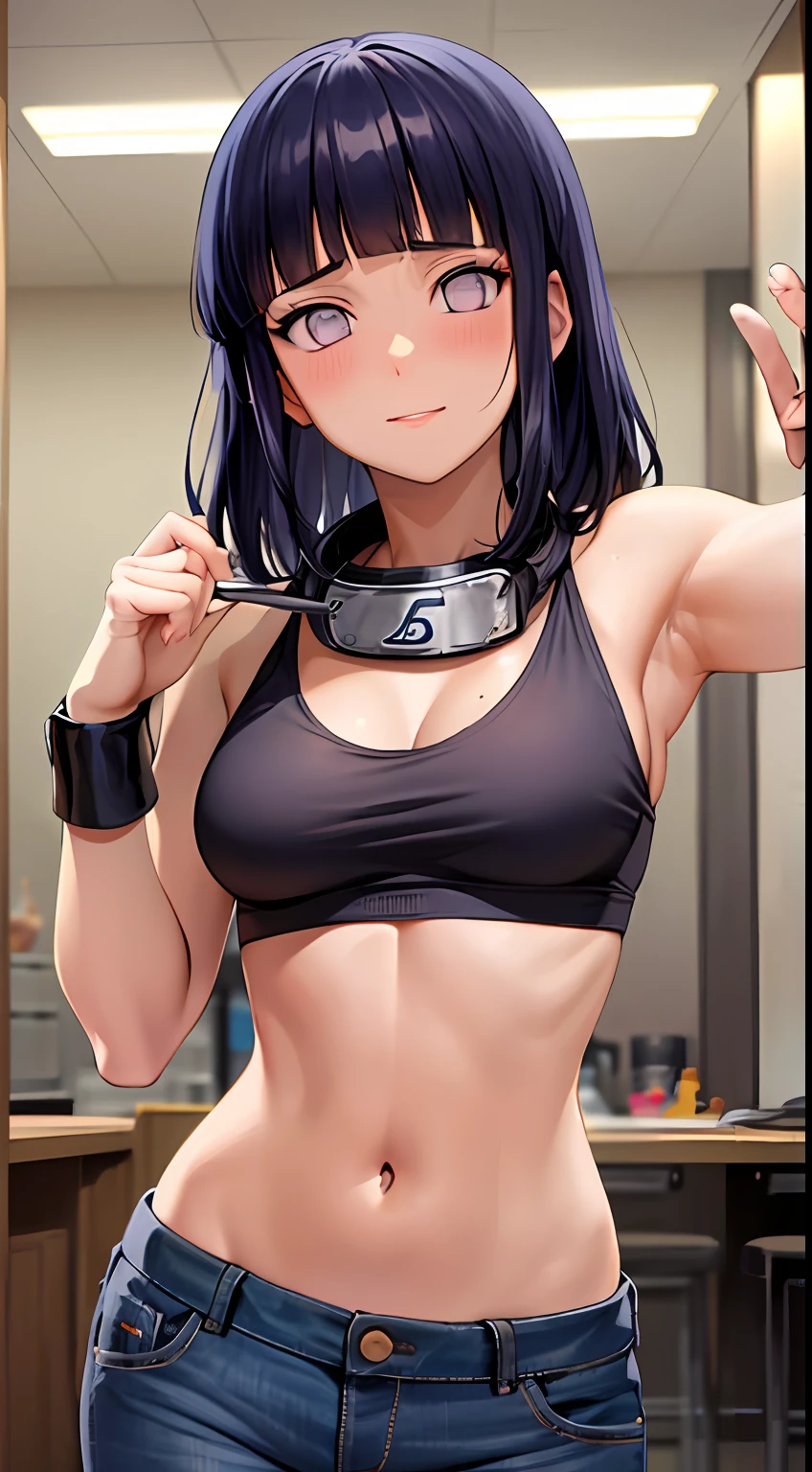 obra-prima, Altas, alta qualidade, rosto detalhado, render corpo detalhado, 1girl, sozinho, hyuuga hinata, hinata-sleevless-outfit, middlebreasts, middlebreasts,  calcinha para fora, Small thorax, quadril largo, coxas grossas, sem camisa, sem blusa, corpo inteiro, barriga de fora, top, tampo da rede de pesca, Dark lips, no-bra, seios aparecendo, Dope, standingn, Blushes, (no quarto), tight jeans